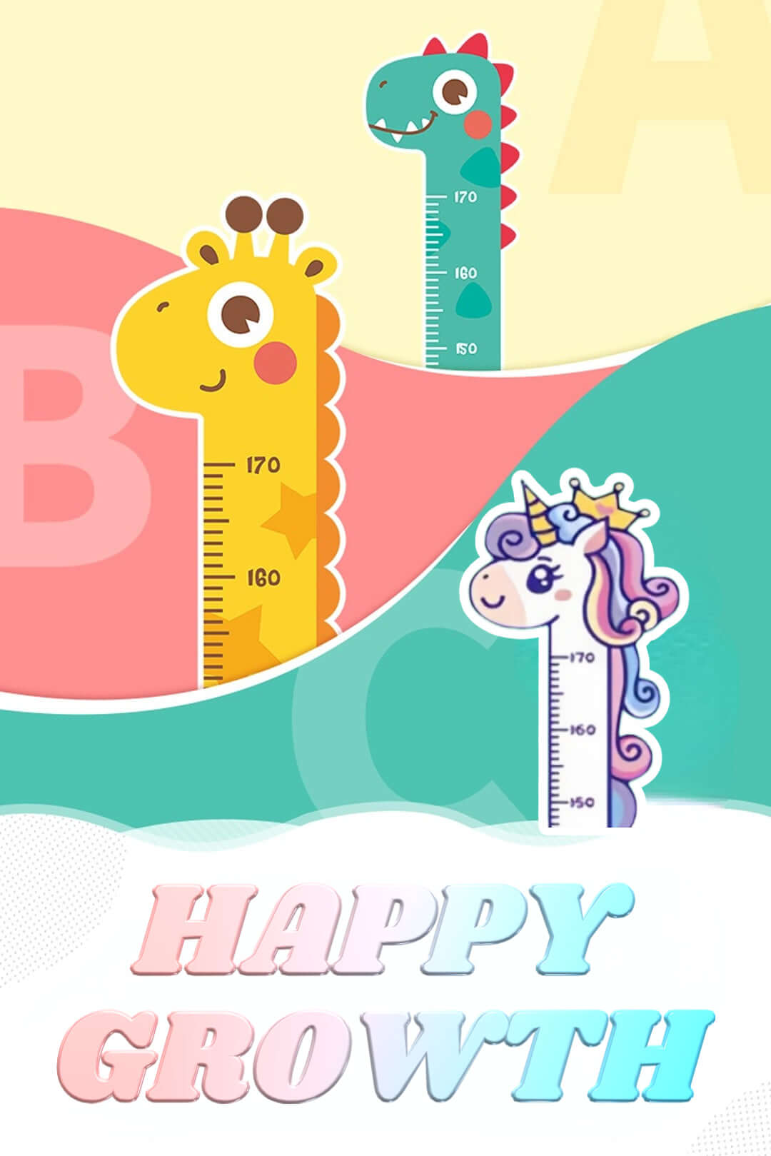 Autocollant mural pour bébé en forme de licorne, girafe et dinosaure, tableau de croissance en hauteur