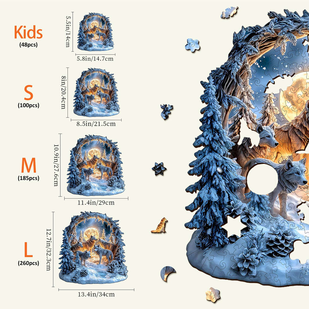 Snowy Night Wolf Pack Wooden Jigsaw Puzzle
