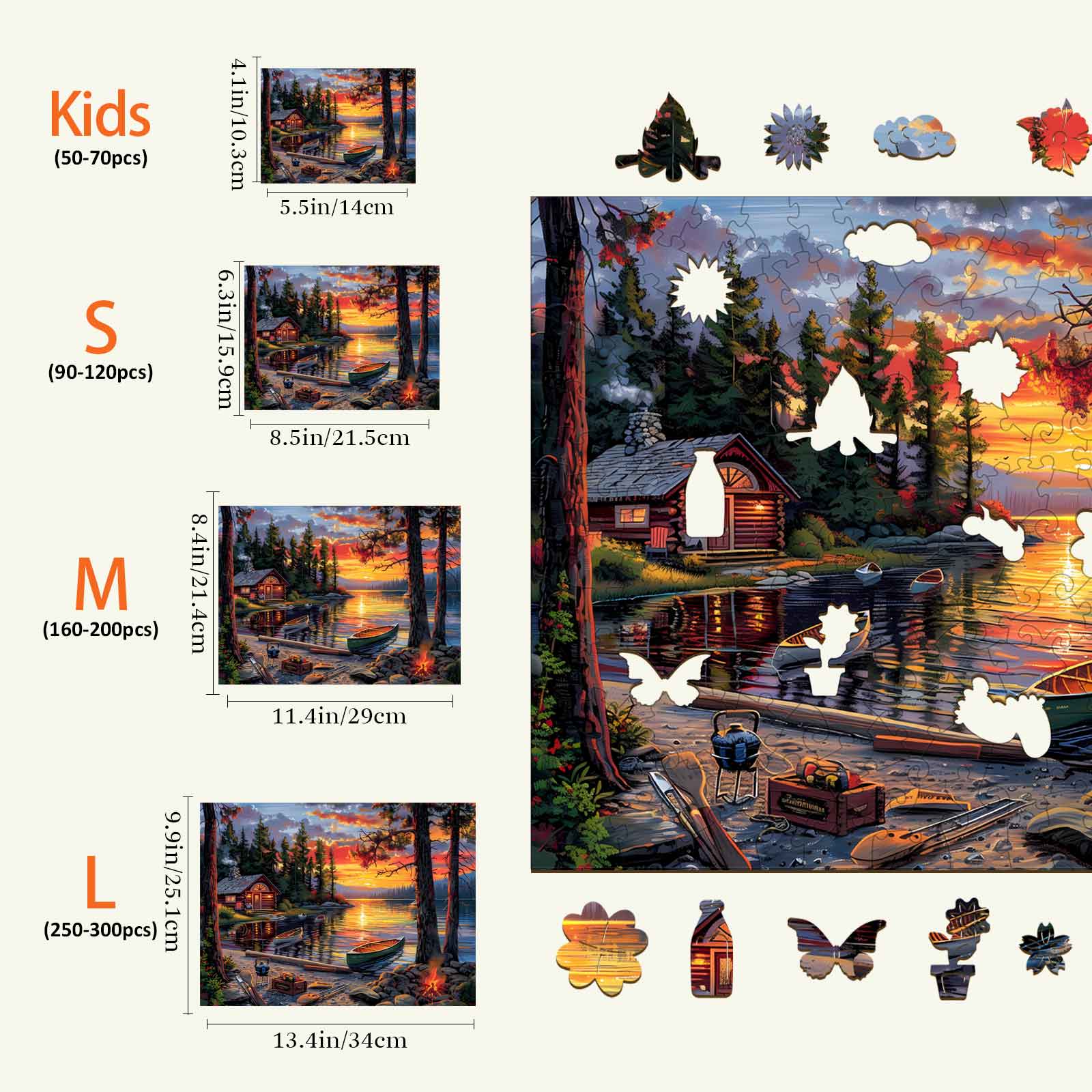 Canoe Lake-1 wooden jigsaw puzzle sizes: Kids, S, M, L with vibrant lake scene and puzzle piece details.