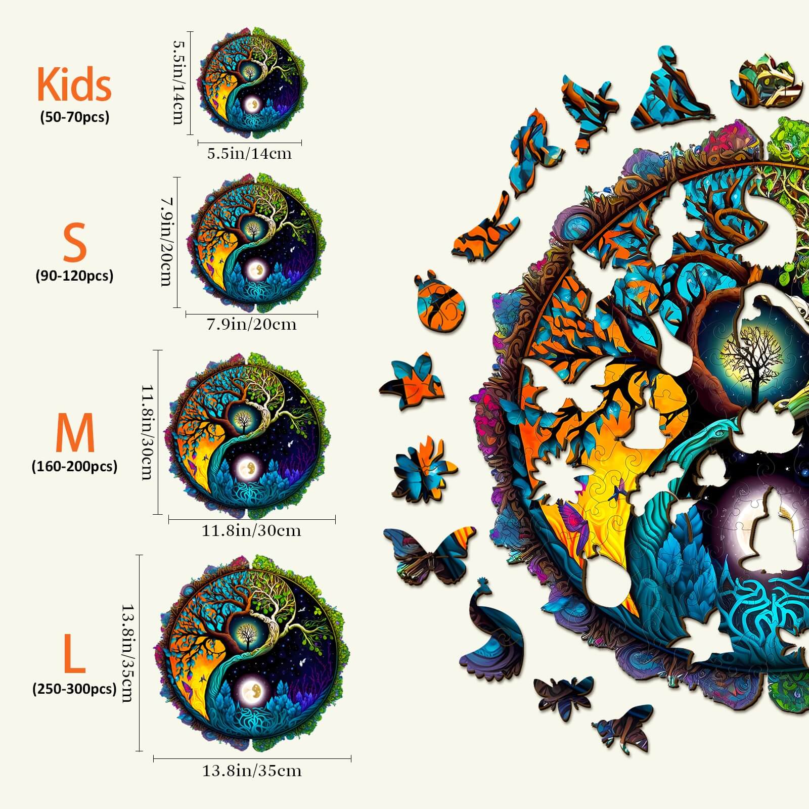 Size comparison chart for Yin Yang and Tree of Life wooden puzzle, showing Kids, S, M, and L sizes with piece counts.