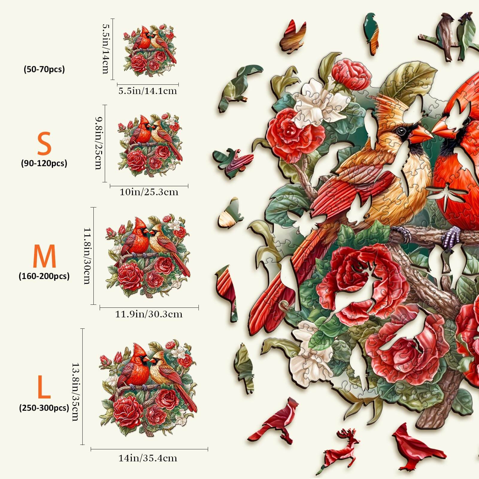 Beautiful Cardinal Wooden Jigsaw Puzzle showcasing unique pieces and vibrant art in different sizes.