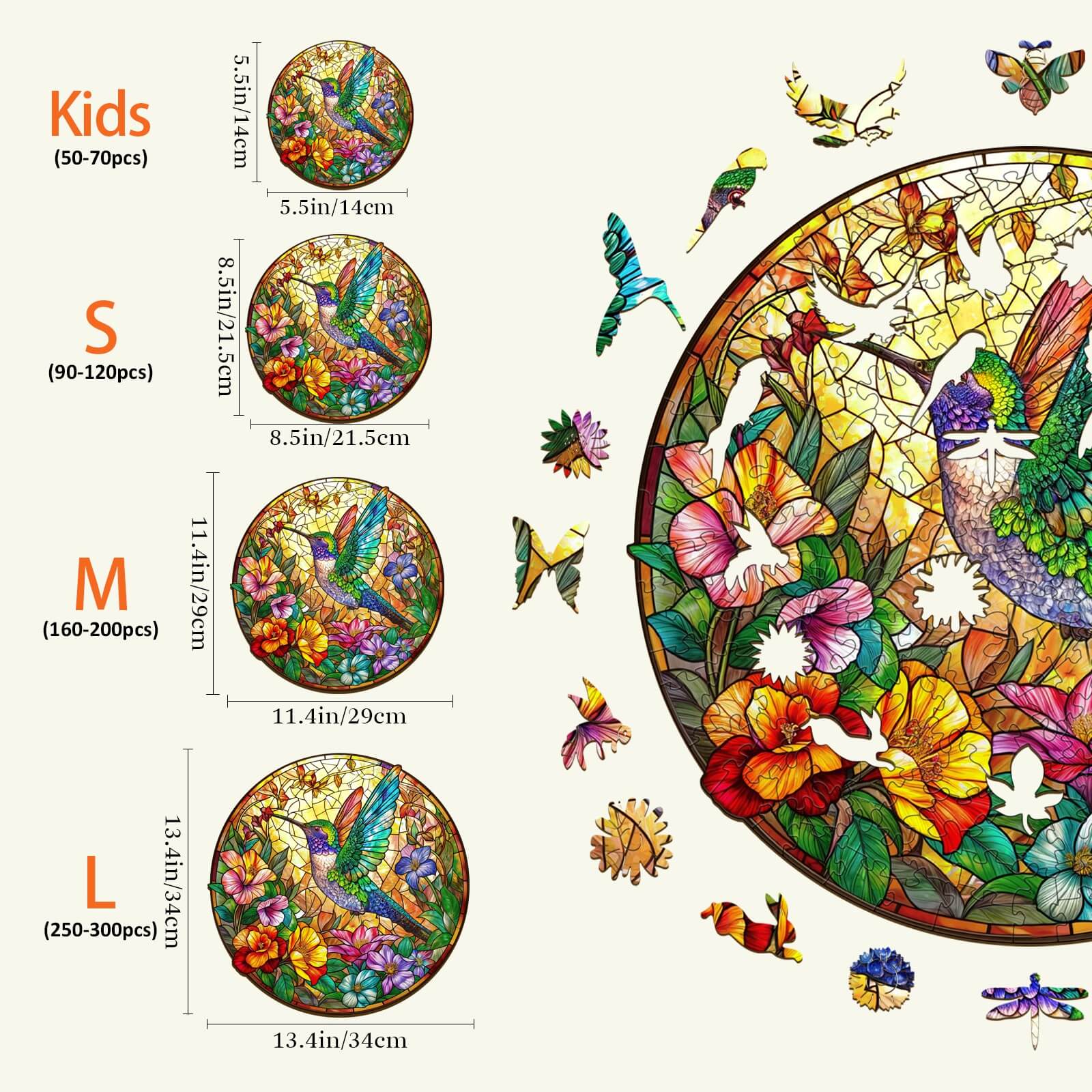 Colorful stained glass hummingbird jigsaw puzzle sizes: Kids, S, M, L with vibrant floral designs and butterflies.