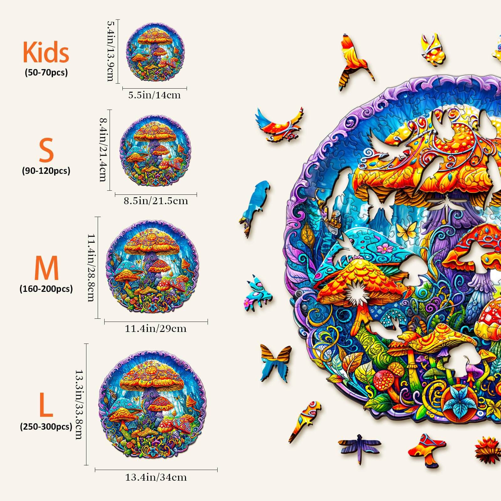 Colorful Magical Mushrooms Wooden Jigsaw Puzzle size options: Kids, S, M, L for mind games and focus enhancement.