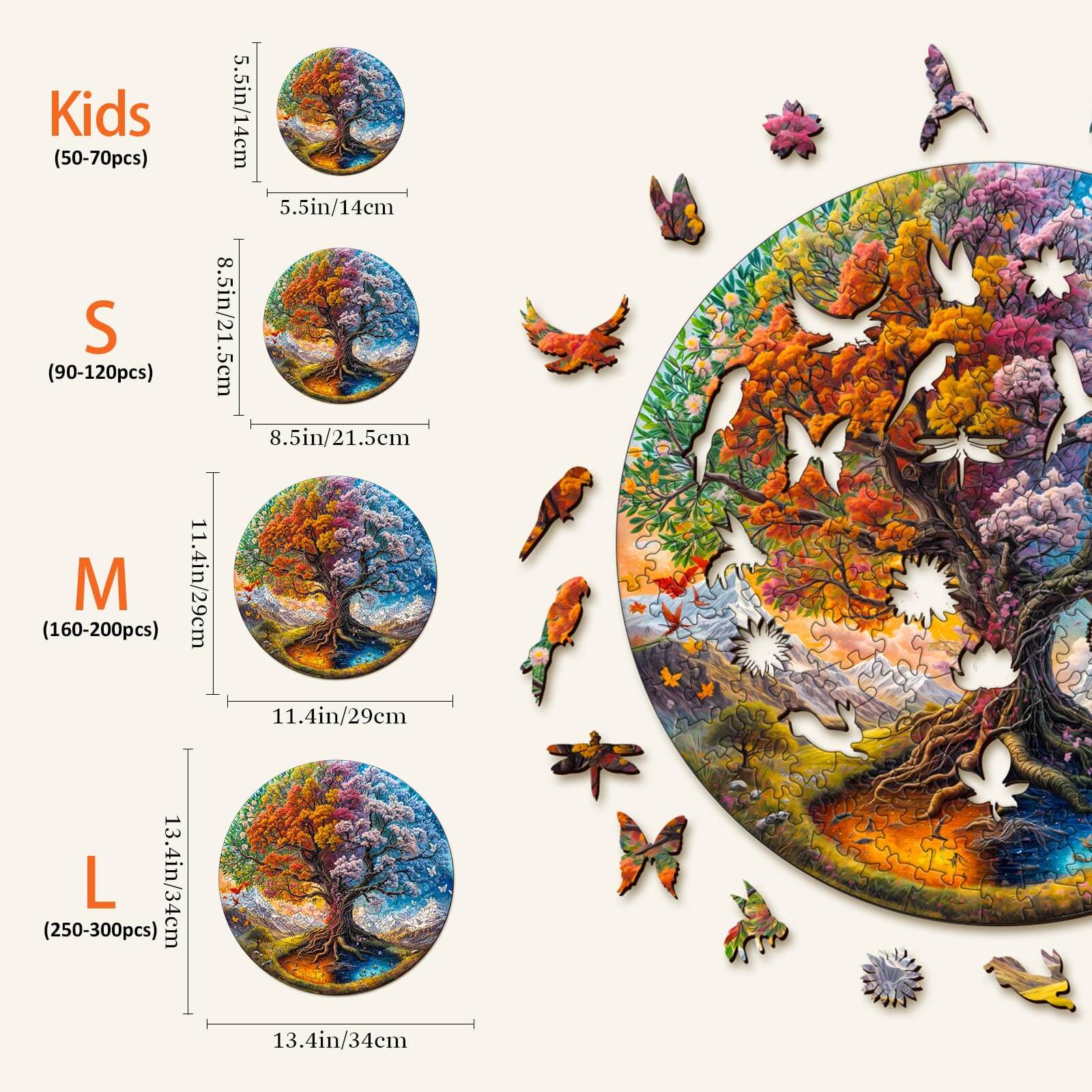 Seasonal Tree of Life-1 wooden jigsaw puzzle with different sizes and puzzle pieces displayed on a light background.