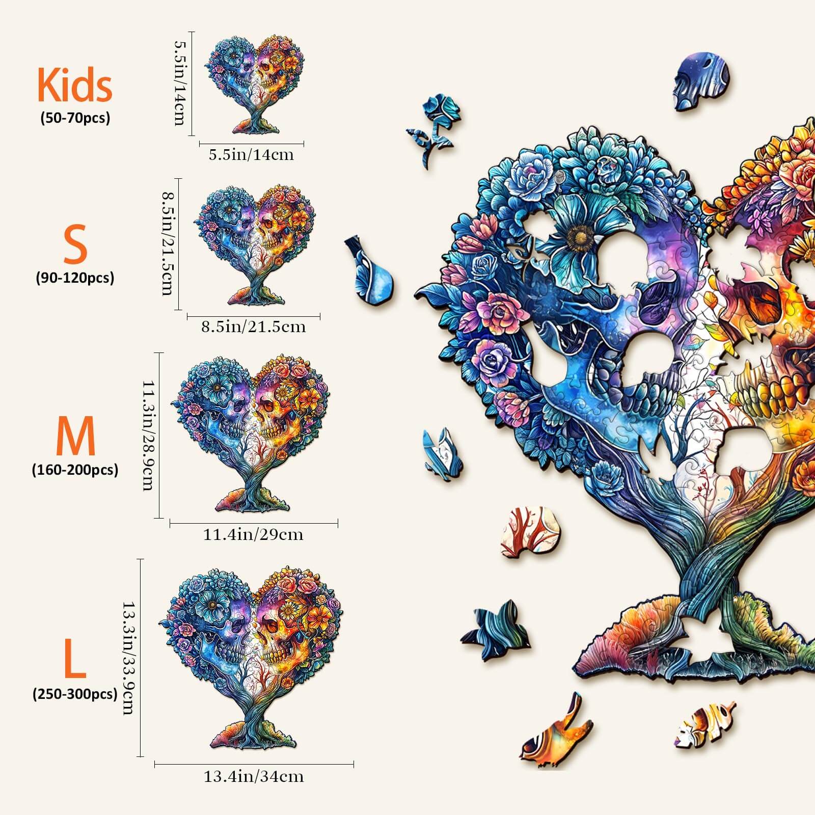 Size guide for Skull and Love wooden jigsaw puzzle, showcasing various puzzle piece counts and heart tree designs.