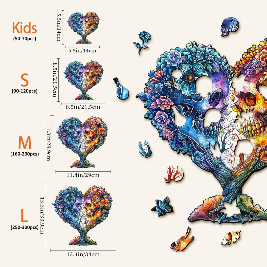 Holzpuzzle mit Totenkopf und Liebe