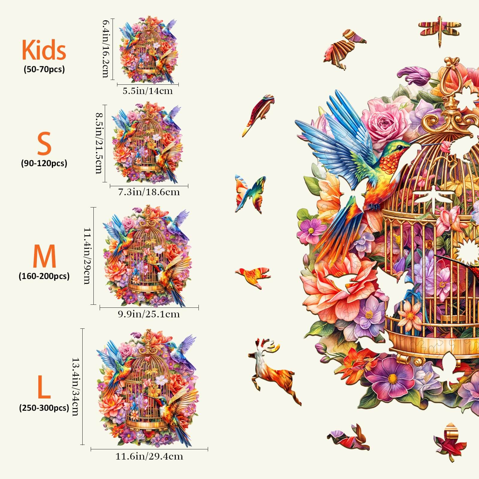 Garden Symphony Wooden Jigsaw Puzzle sizes and dimensions for kids and adults, featuring vibrant colors and floral designs.
