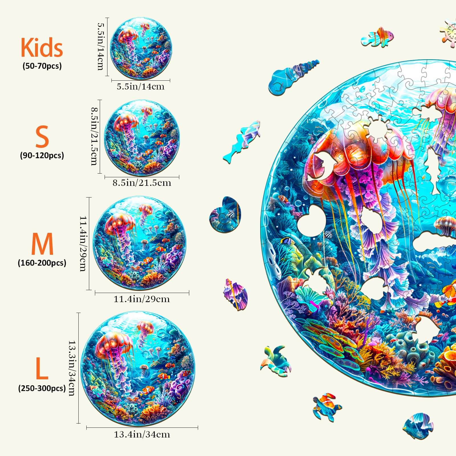 Spherical Ocean Wooden Jigsaw Puzzle sizes with colorful marine life, including jellyfish and fish, for focused mind games.