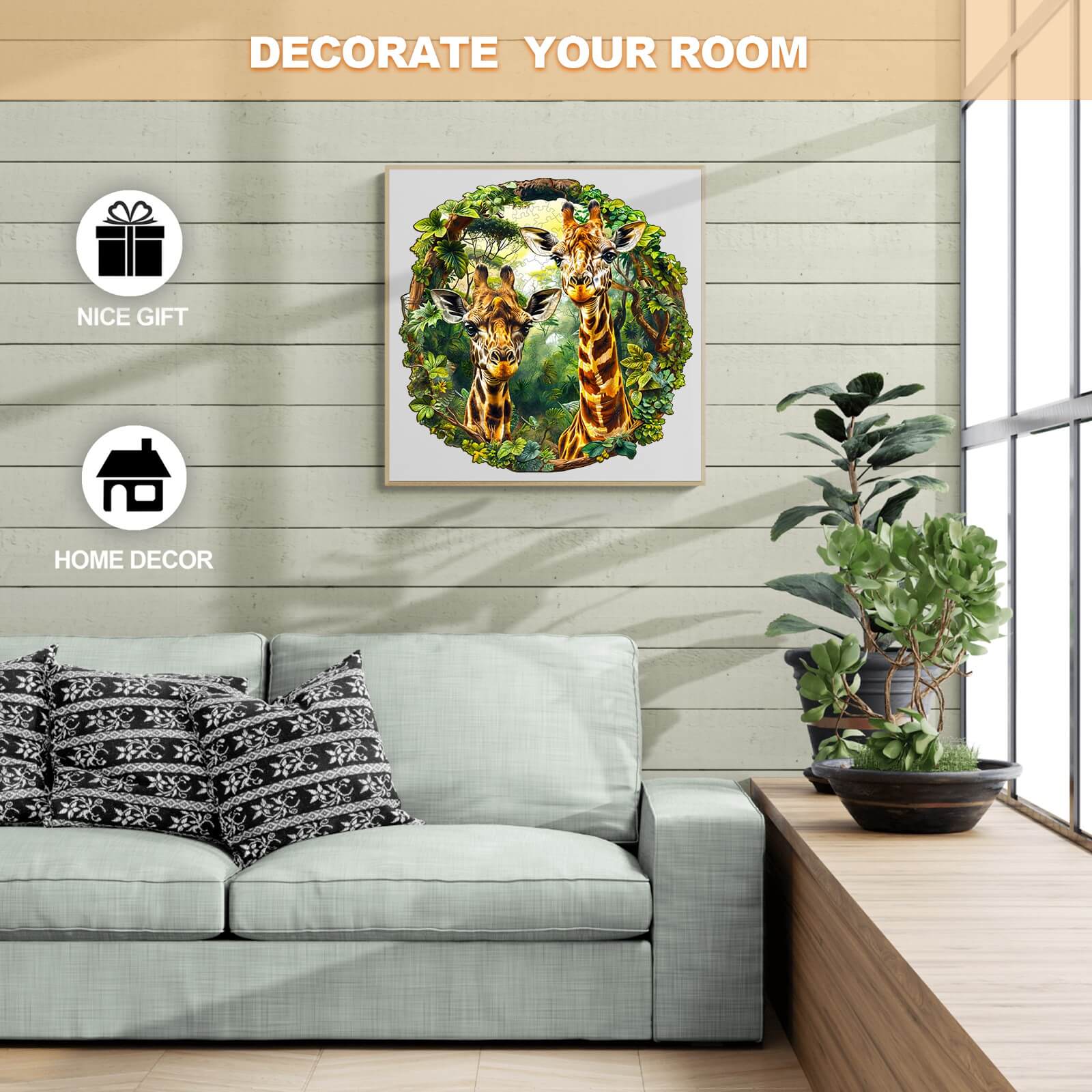 Giraffe-2 Wooden Jigsaw Puzzle displayed in a stylish living room setting with decorative plants and pillows.