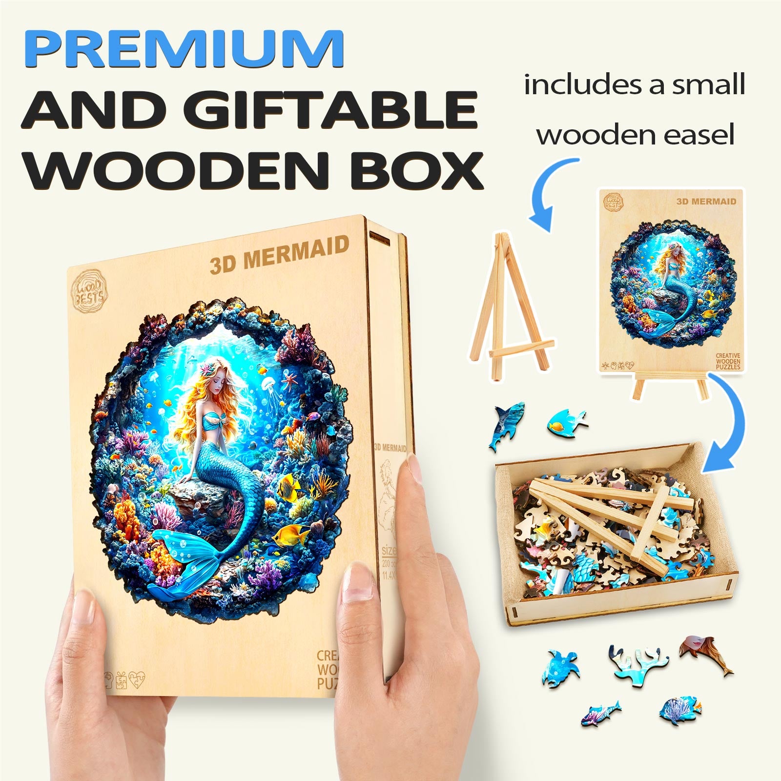 3D Mermaid Wooden Jigsaw Puzzle in a premium gift box, featuring colorful pieces and a wooden easel for display.