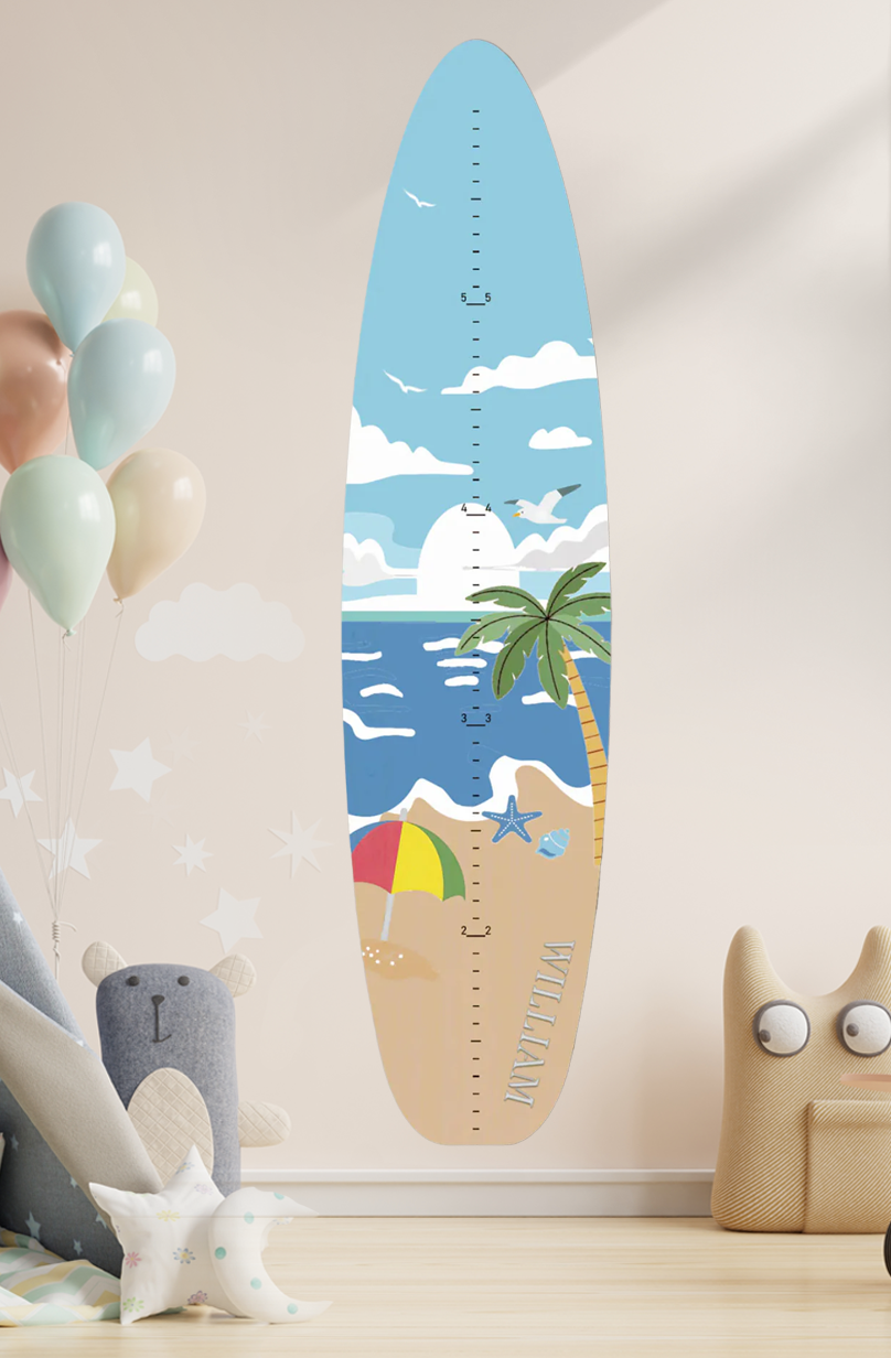 Règle de croissance personnalisée en bois en forme de planche de surf