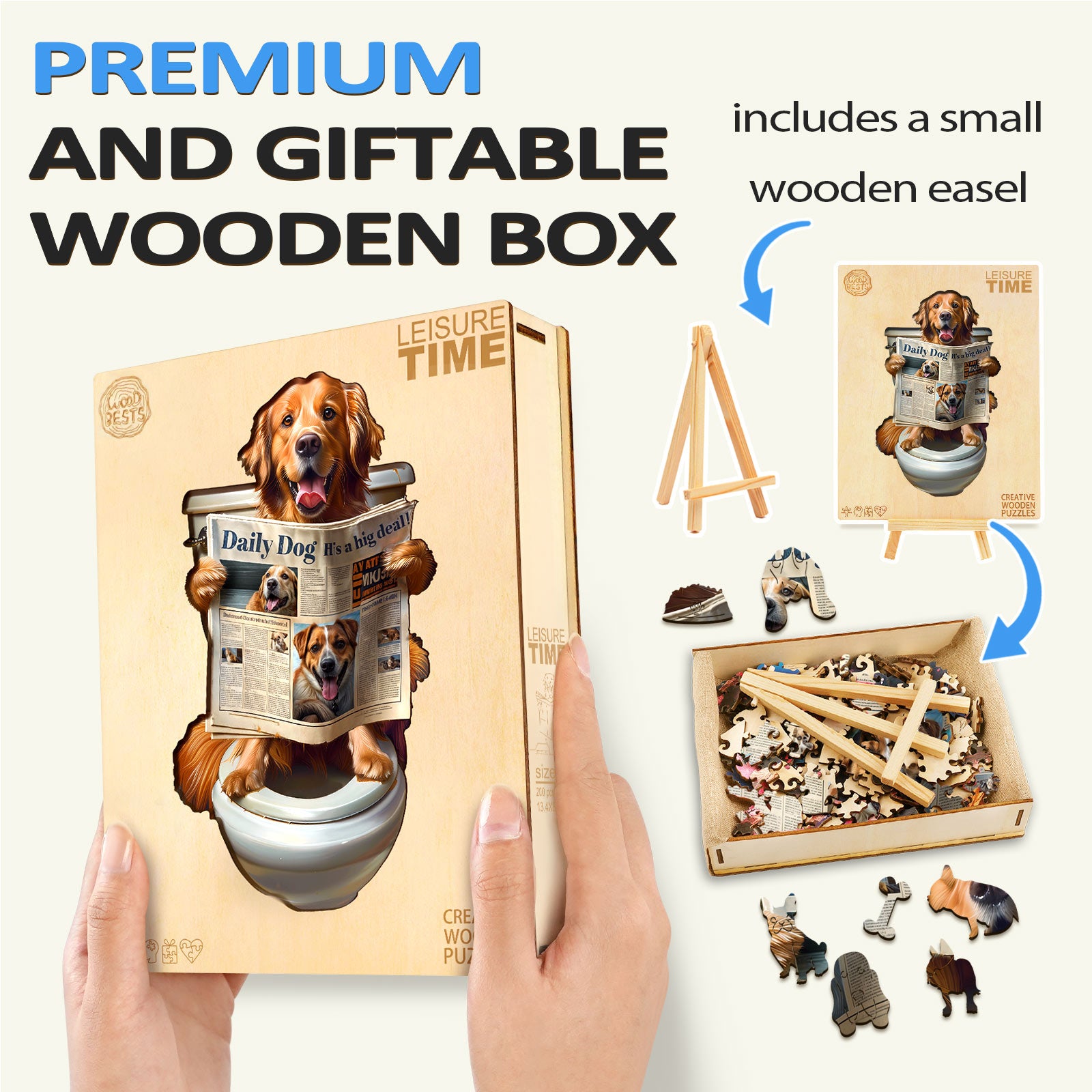 Leisure Time wooden jigsaw puzzle with gift box and easel, featuring a playful dog reading a newspaper.