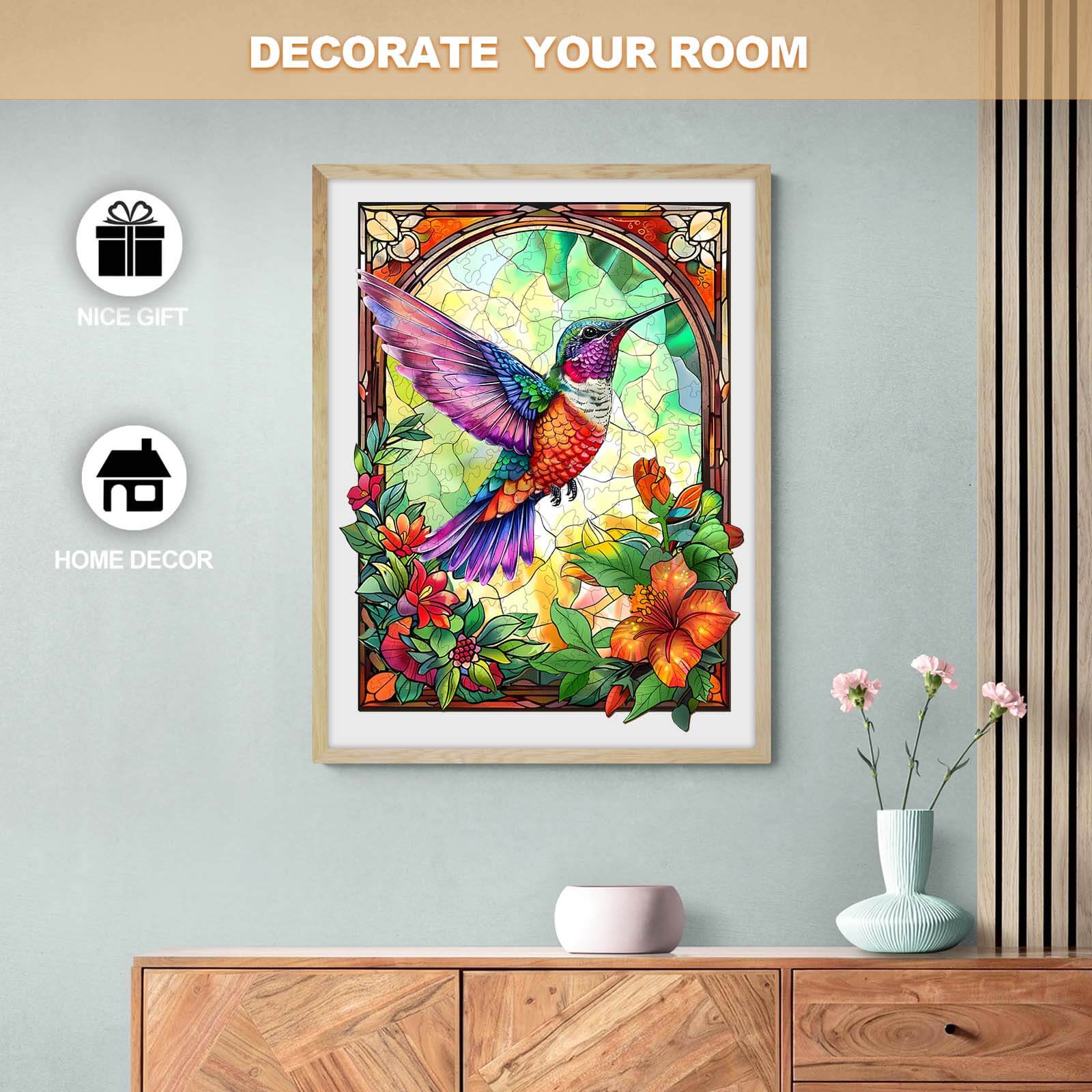 Colorful stained glass hummingbird artwork for home decor and gifts, brightening any living space.