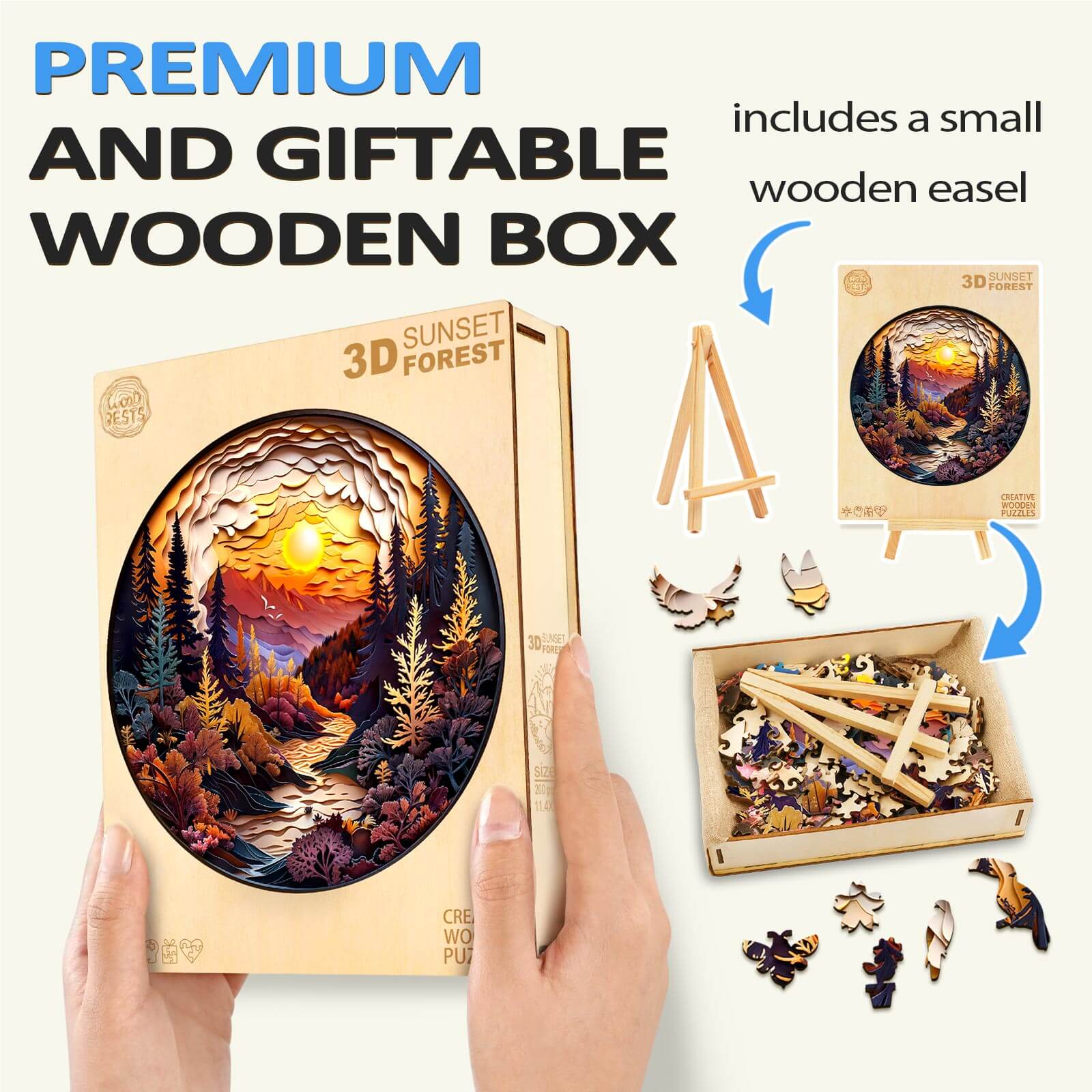 3D Sunset Forest wooden jigsaw puzzle in gift box with easel, perfect for mindful puzzle solving and enhancing focus.