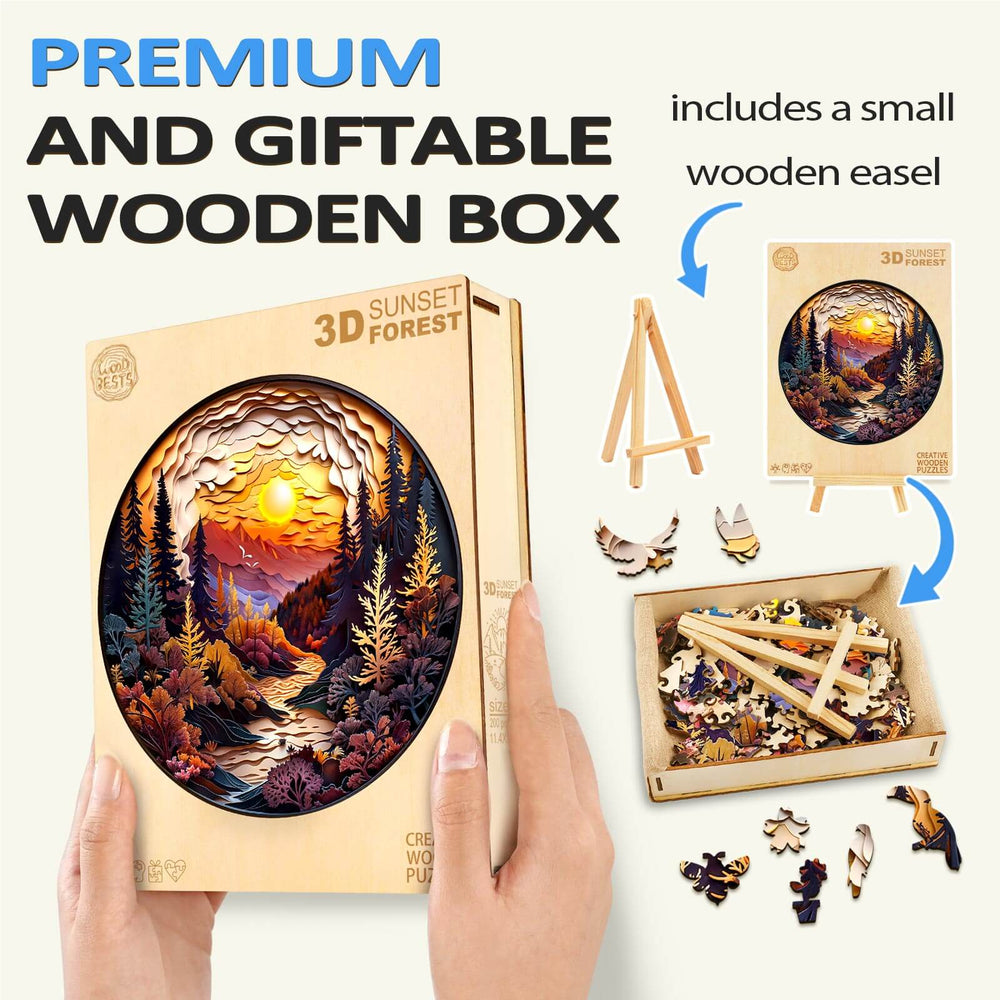 3D Sunset Forest wooden jigsaw puzzle in gift box with easel, perfect for mindful puzzle solving and enhancing focus.