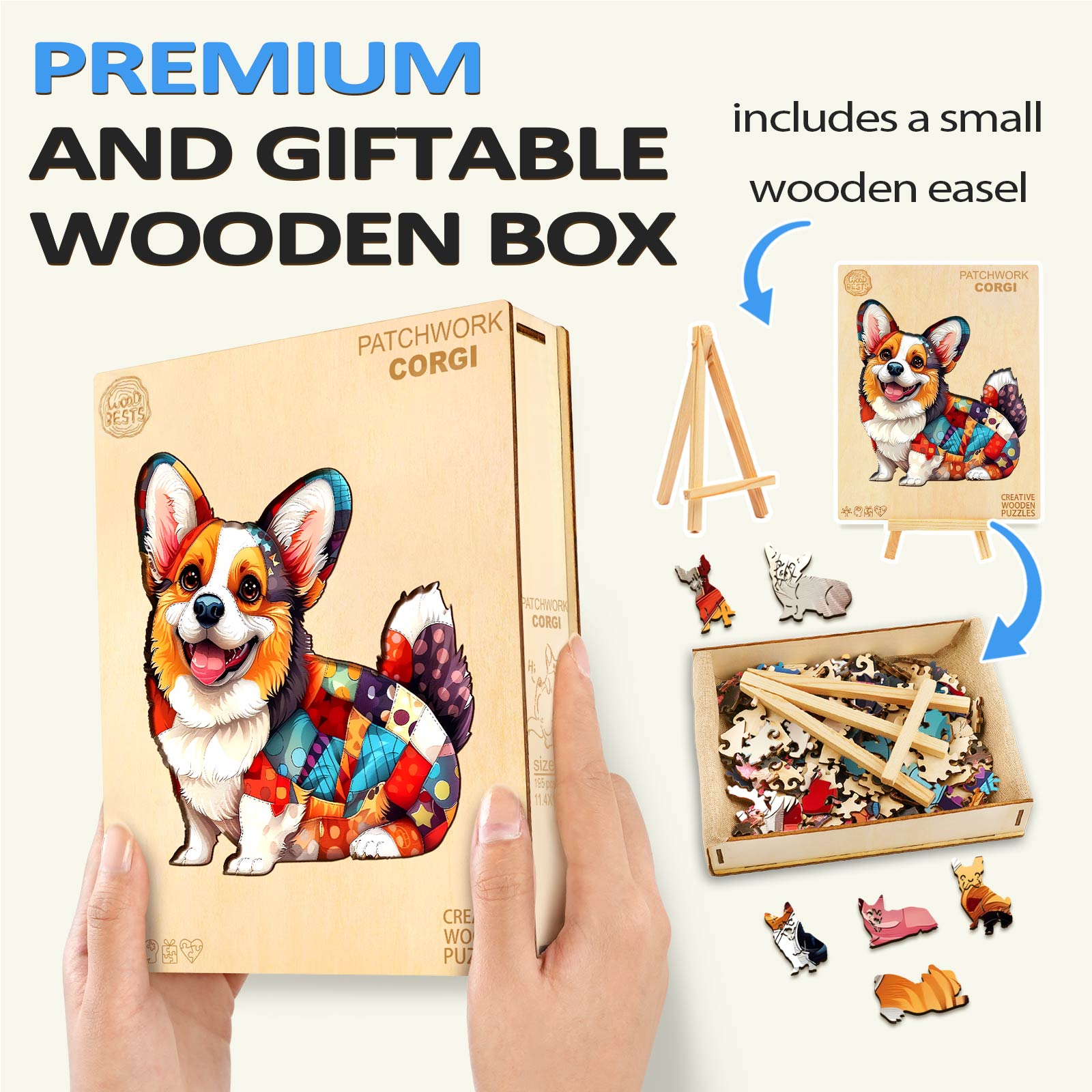 Patchwork Corgi wooden jigsaw puzzle in a gift box with easel, perfect for puzzle lovers and brain game enthusiasts.