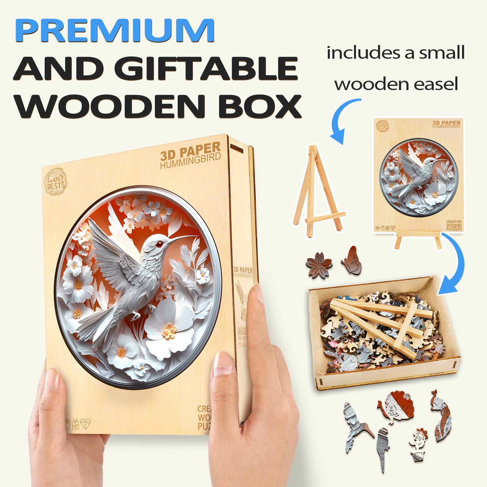 3D Paper Hummingbird Wooden Jigsaw Puzzle in a premium gift box, showcasing beautiful pieces and a small easel.