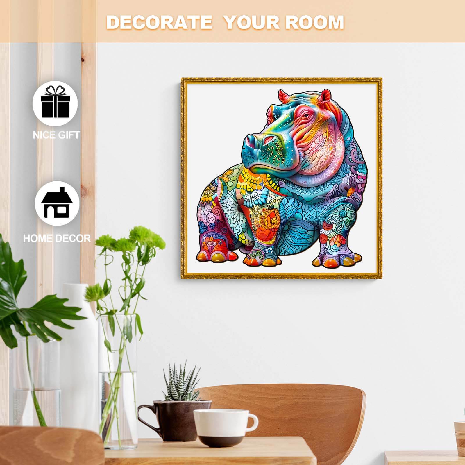Colorful hippopotamus art print for home decor, adding personality and charm to any room.
