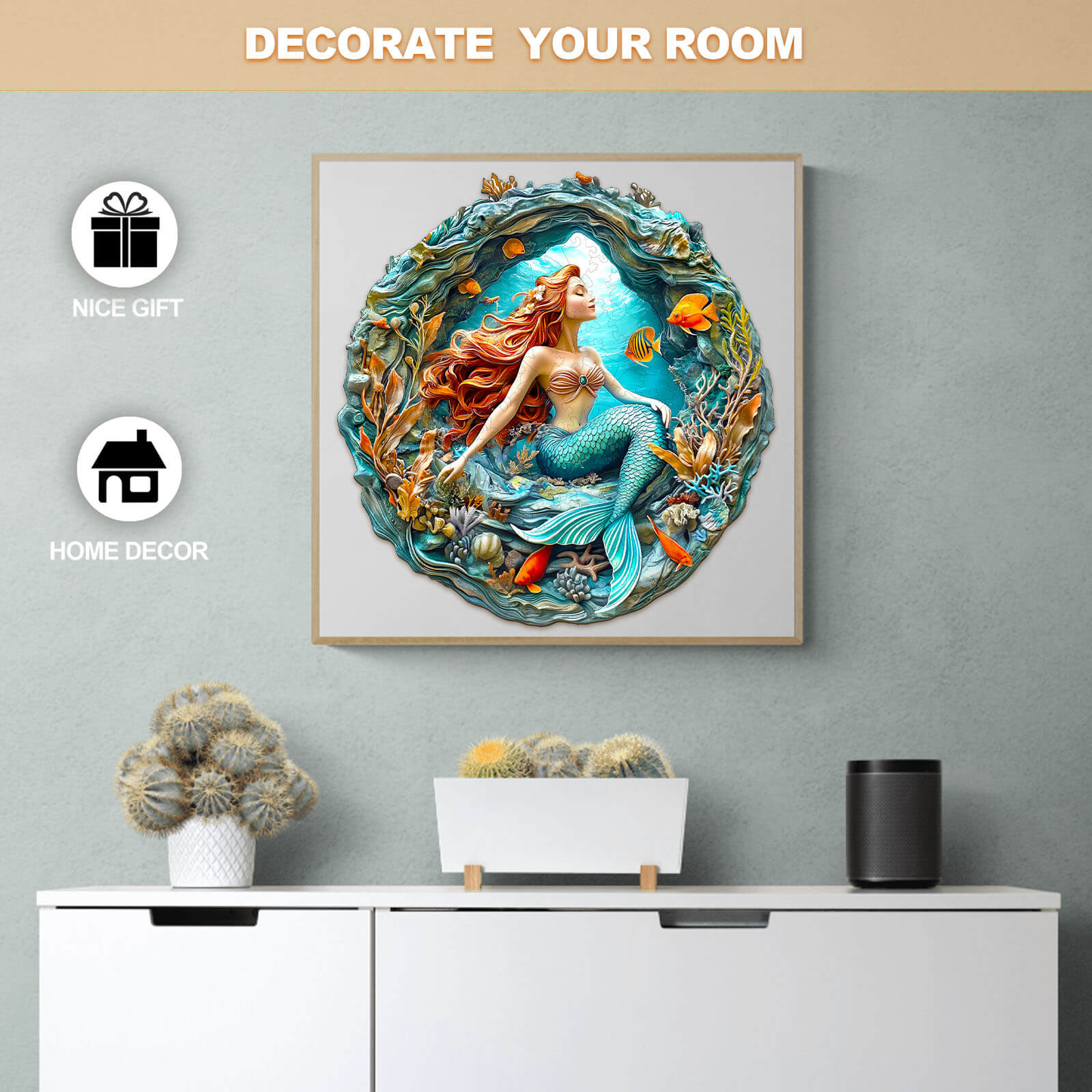 3D Mermaid's Secret Cave Wooden Jigsaw Puzzle displayed as colorful home decor, perfect as a nice gift for puzzle lovers.