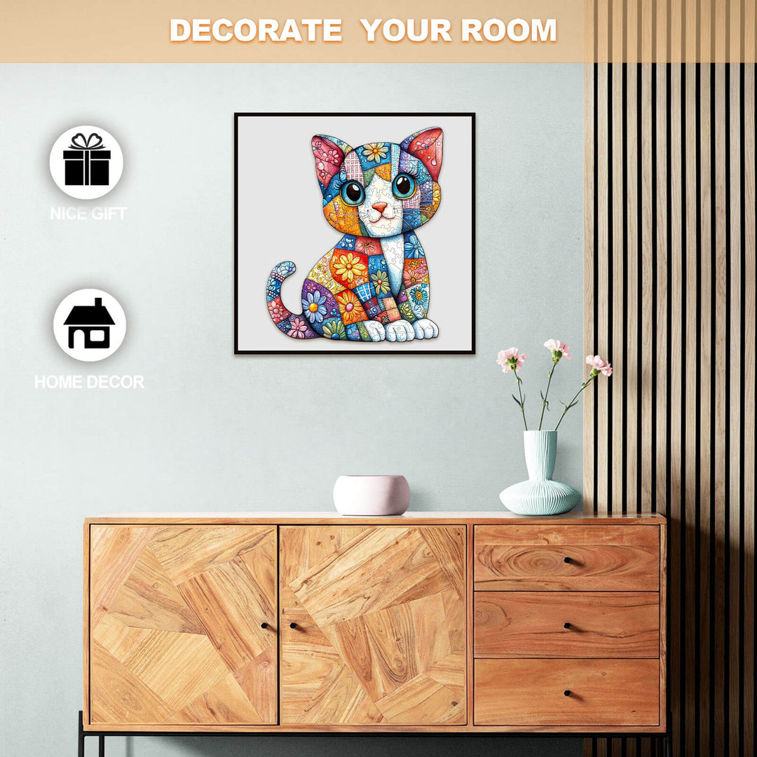 Patchwork Cat Wooden Jigsaw Puzzle - Woodbests