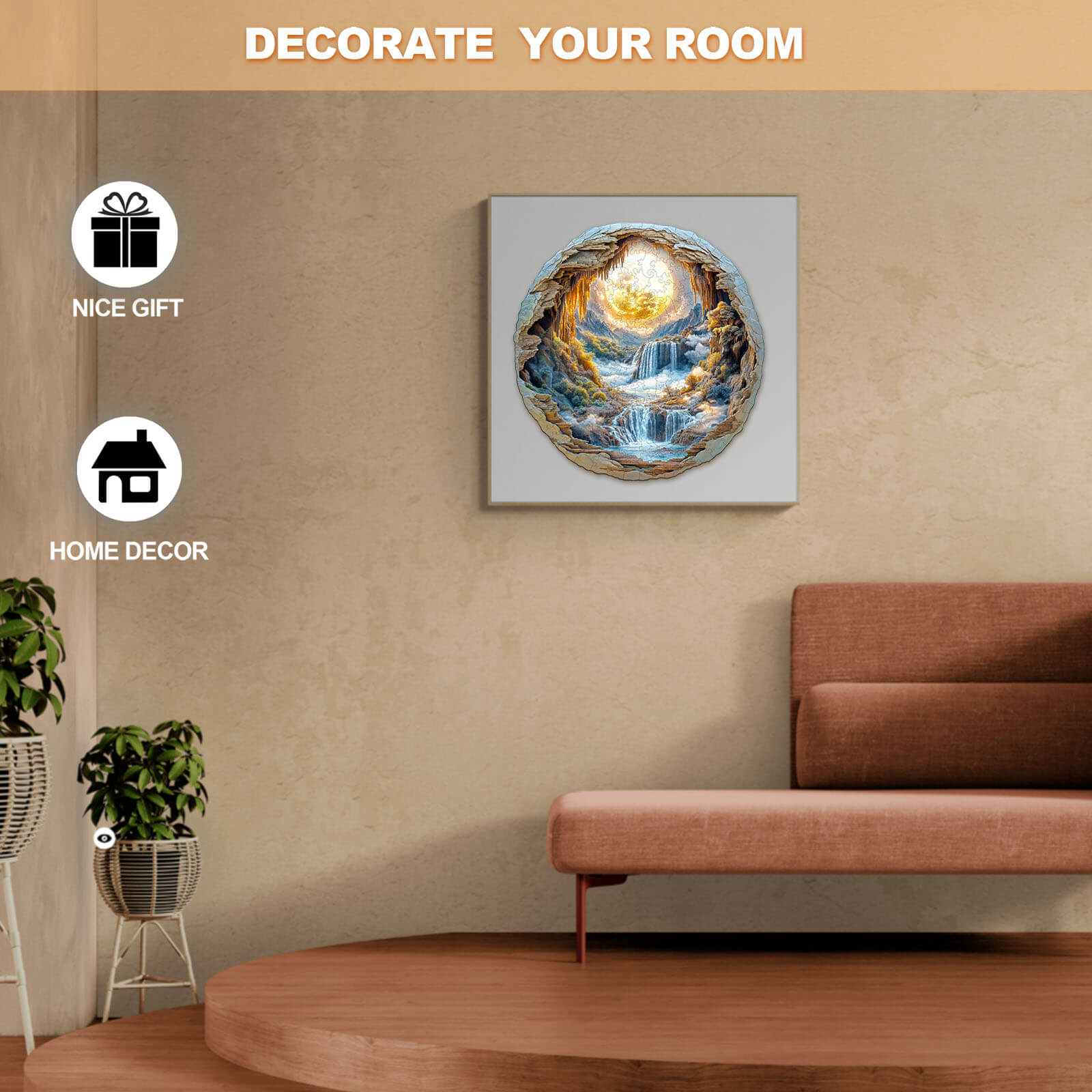 3D Moonlit Wonders wooden jigsaw puzzle enhancing room decor with serene waterfall and moonlit scene.