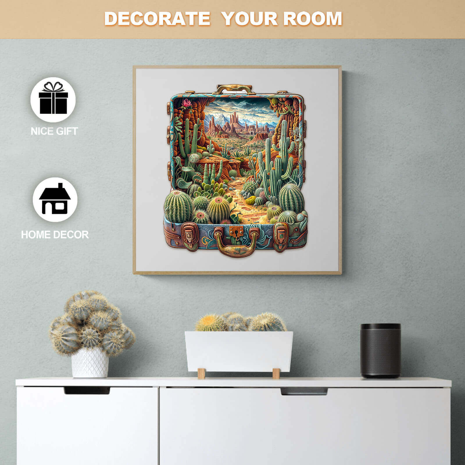 Desert Odyssey-2 wooden jigsaw puzzle art displayed as home decor in a stylish room with cacti landscape.