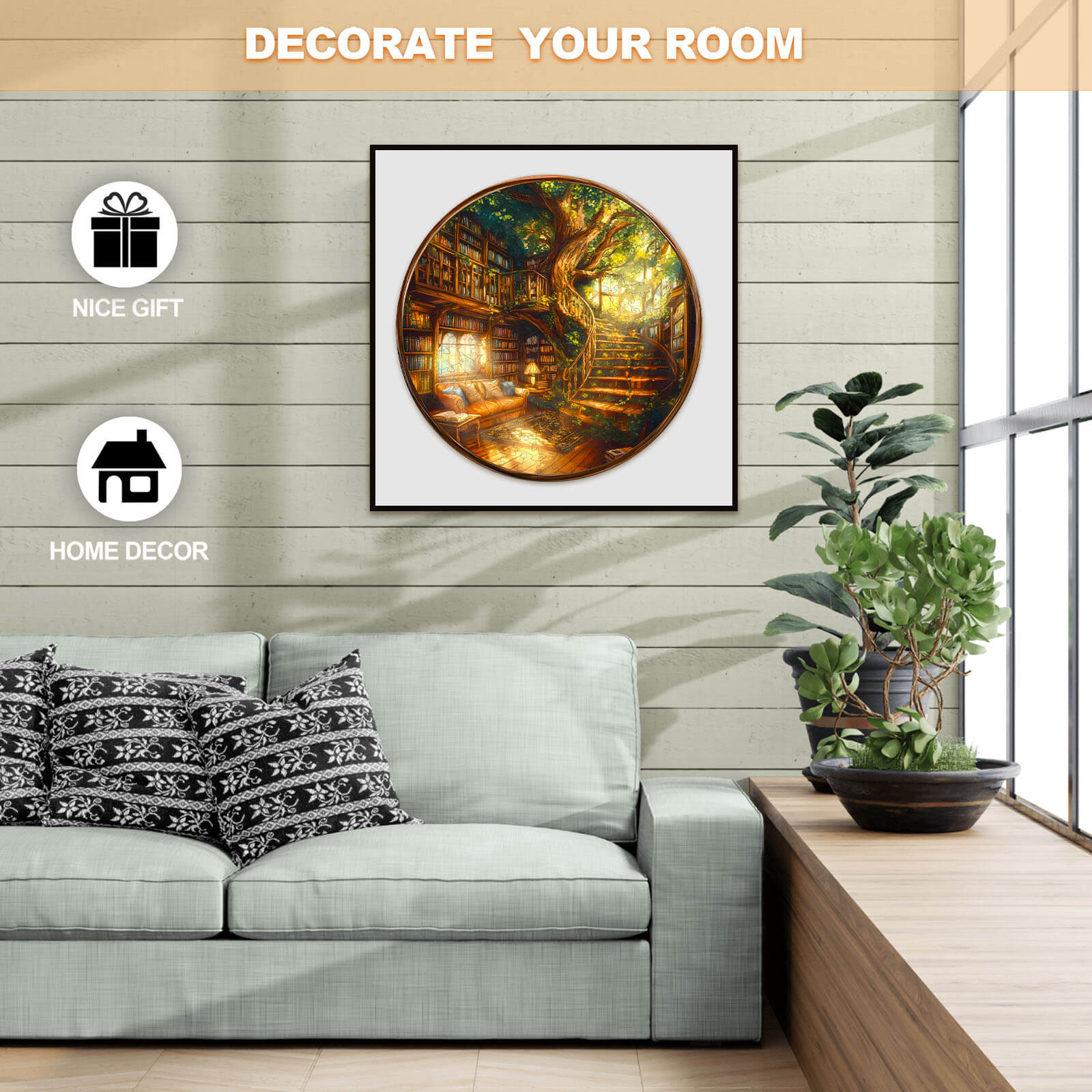 Cozy living room with a circular wall art of a charming bookstore, ideal for home decor and as a nice gift.