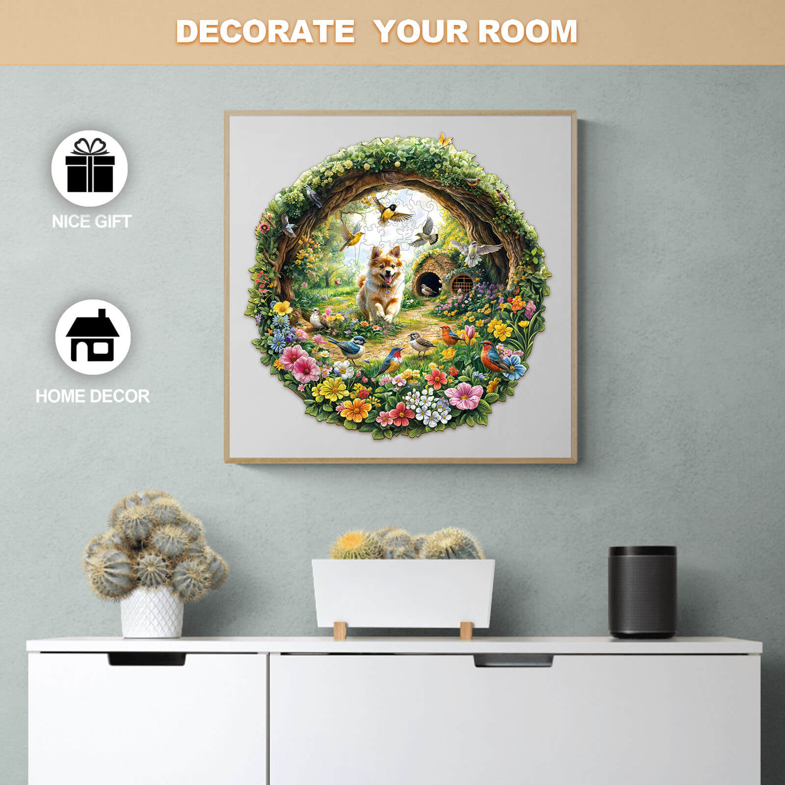 Colorful wooden jigsaw puzzle featuring spring birds, perfect for home decor and a thoughtful gift.