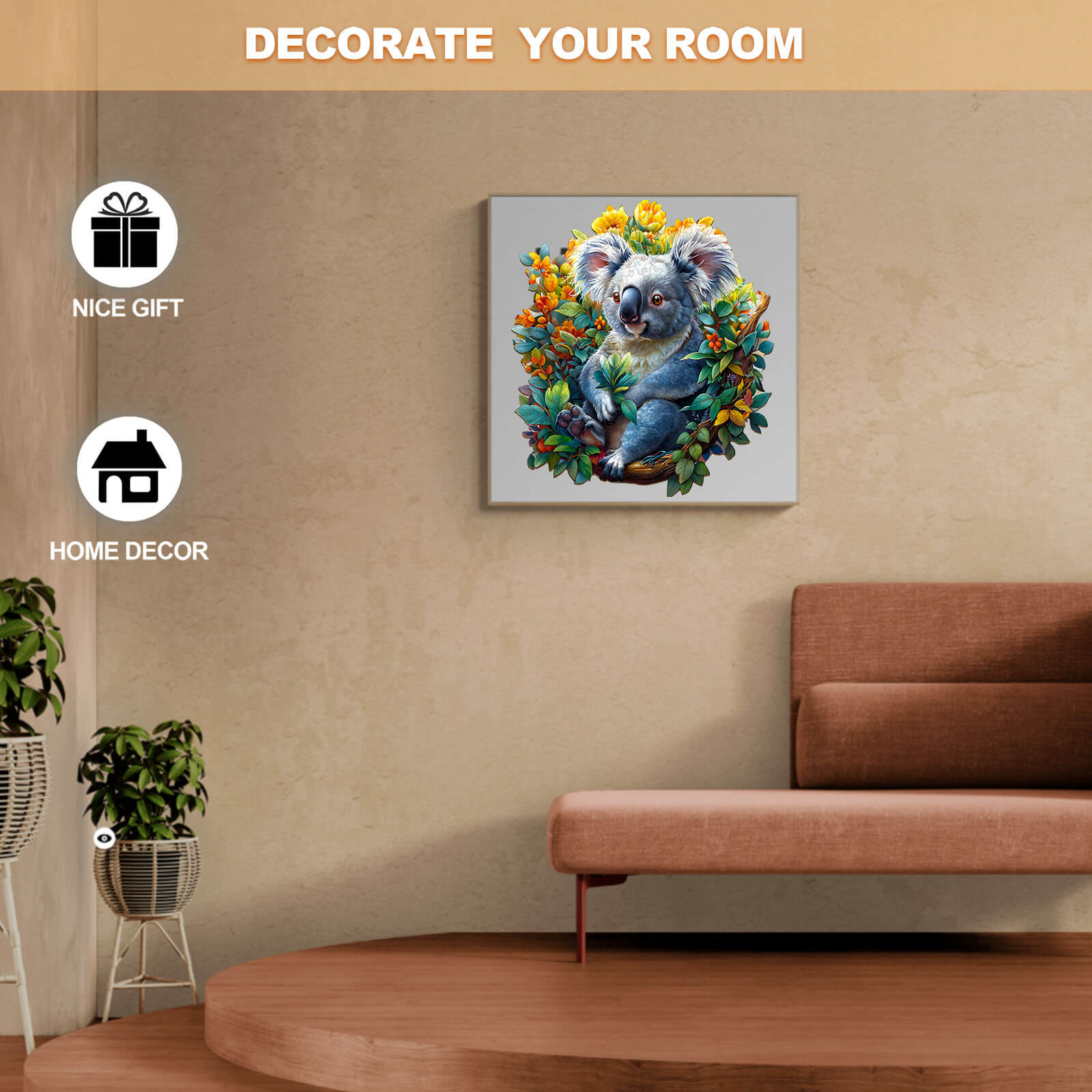 Koala wooden jigsaw puzzle displayed as home decor in a cozy living room, perfect for gifts and enhancing your space.
