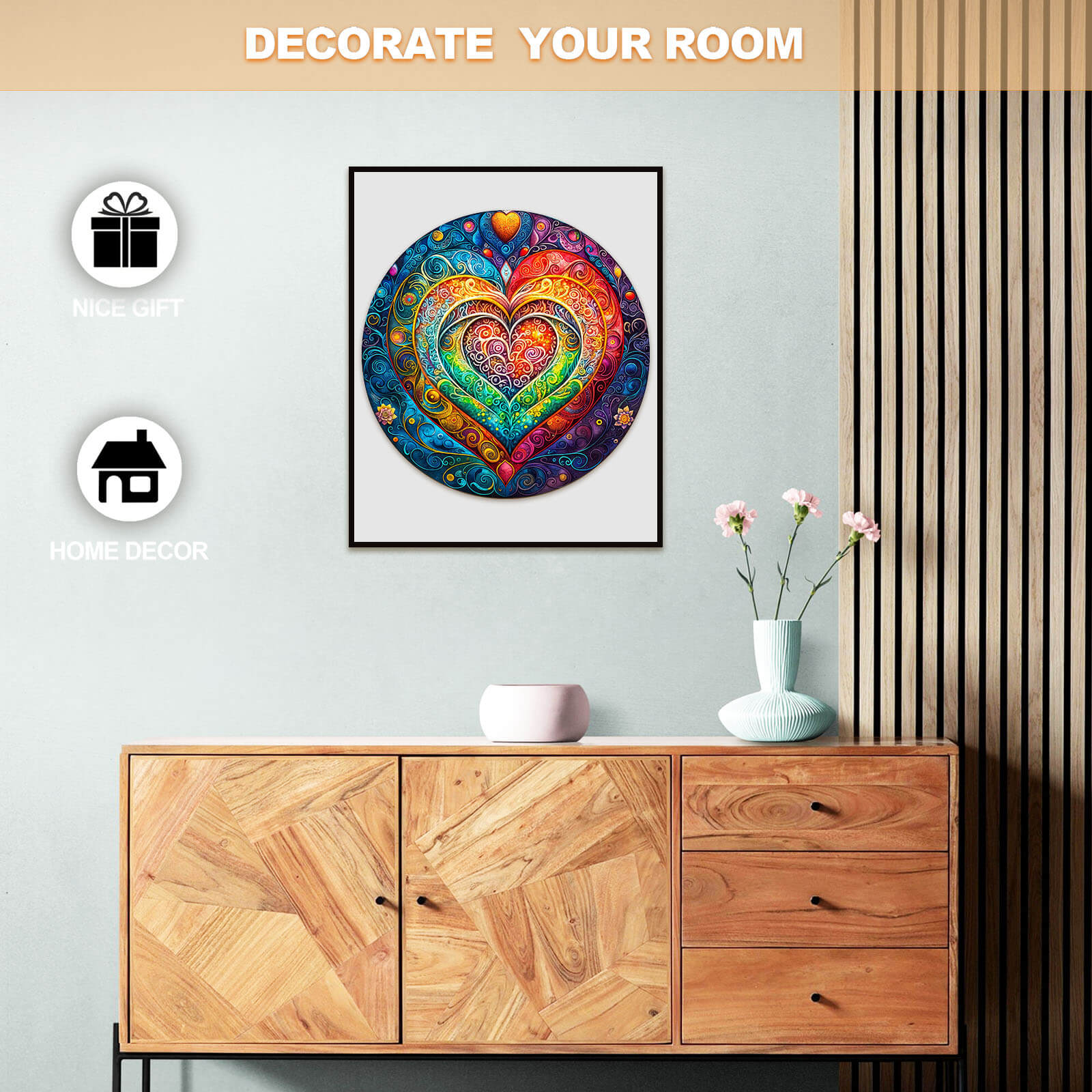 Colorful mandala heart art print enhancing home decor in a stylish interior.