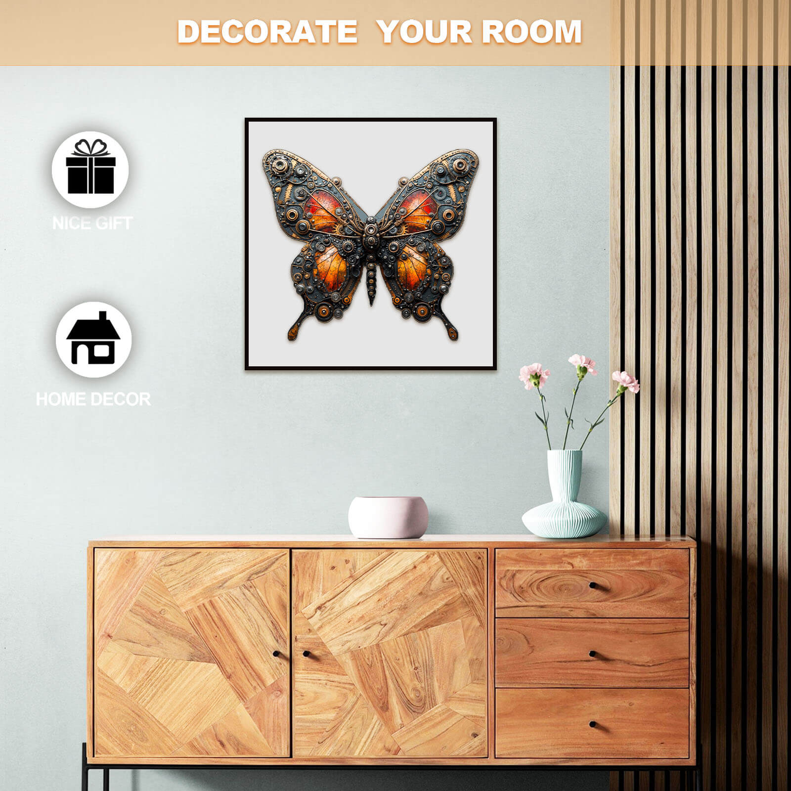 3D mechanical butterfly jigsaw puzzle displayed on a wooden cabinet, adding stylish home decor and a thoughtful gift option.