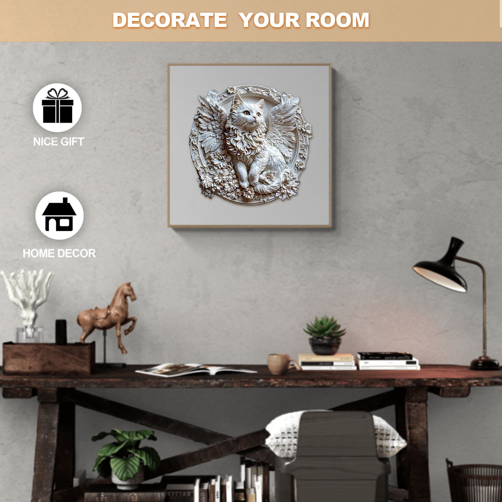 3D angel cat wall art ideal for home decor, perfect as a thoughtful gift, enhancing room aesthetics.