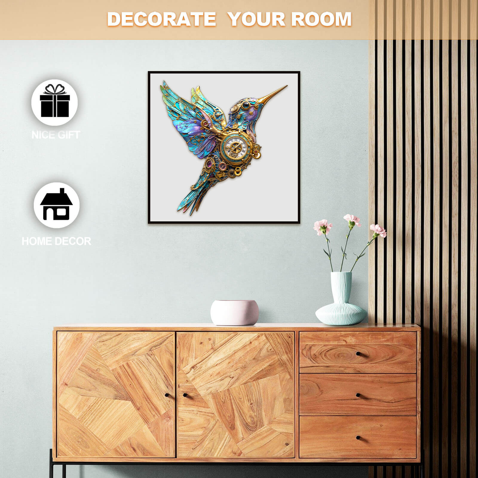 Decorative 3D Mechanical Hummingbird puzzle art on wall above a wooden cabinet, ideal for home decor and gifts.