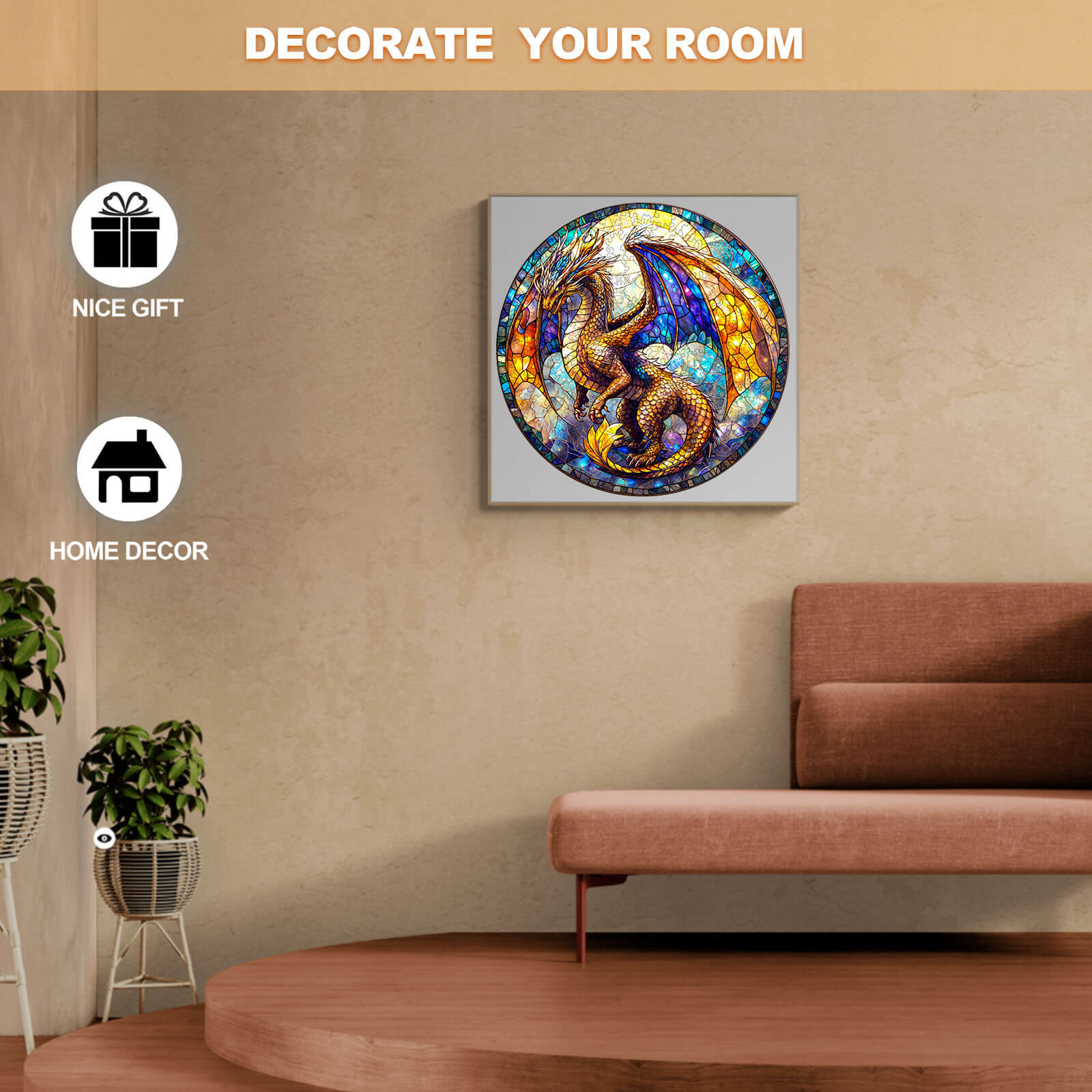 Decorative stained glass dragon artwork in a cozy living room setting with a modern couch.