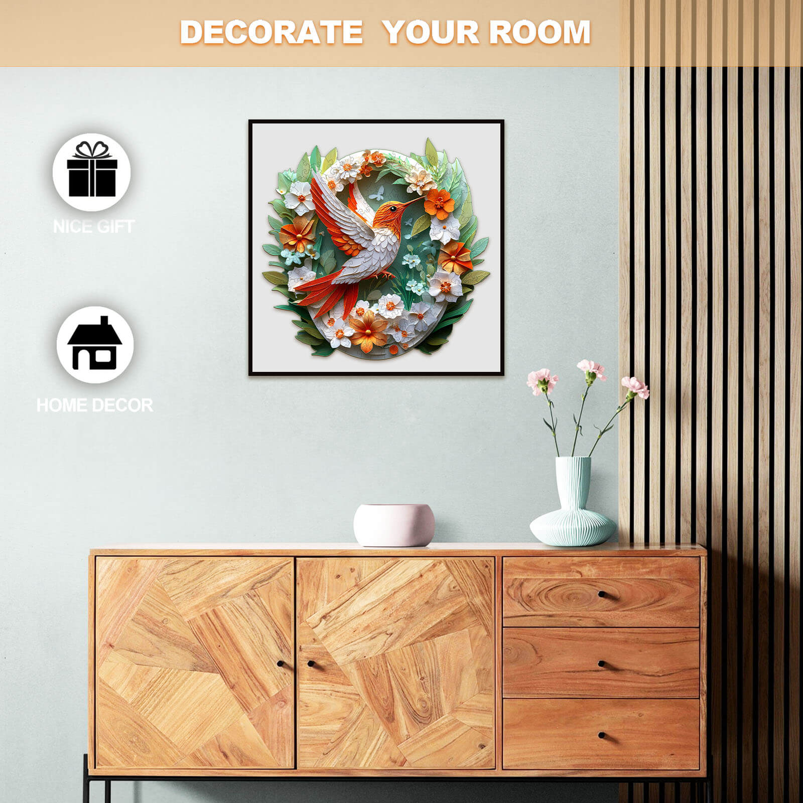 3D colored paper carving hummingbird art in a modern room showcasing home decor and gift ideas.