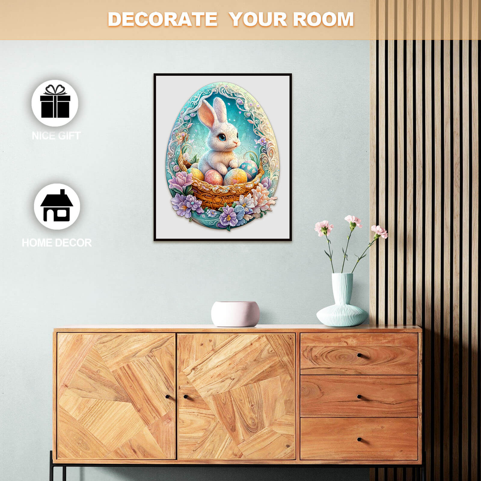 Colorful Easter bunny artwork in a framed print, perfect for home decor or gift, enhancing festive room decor.