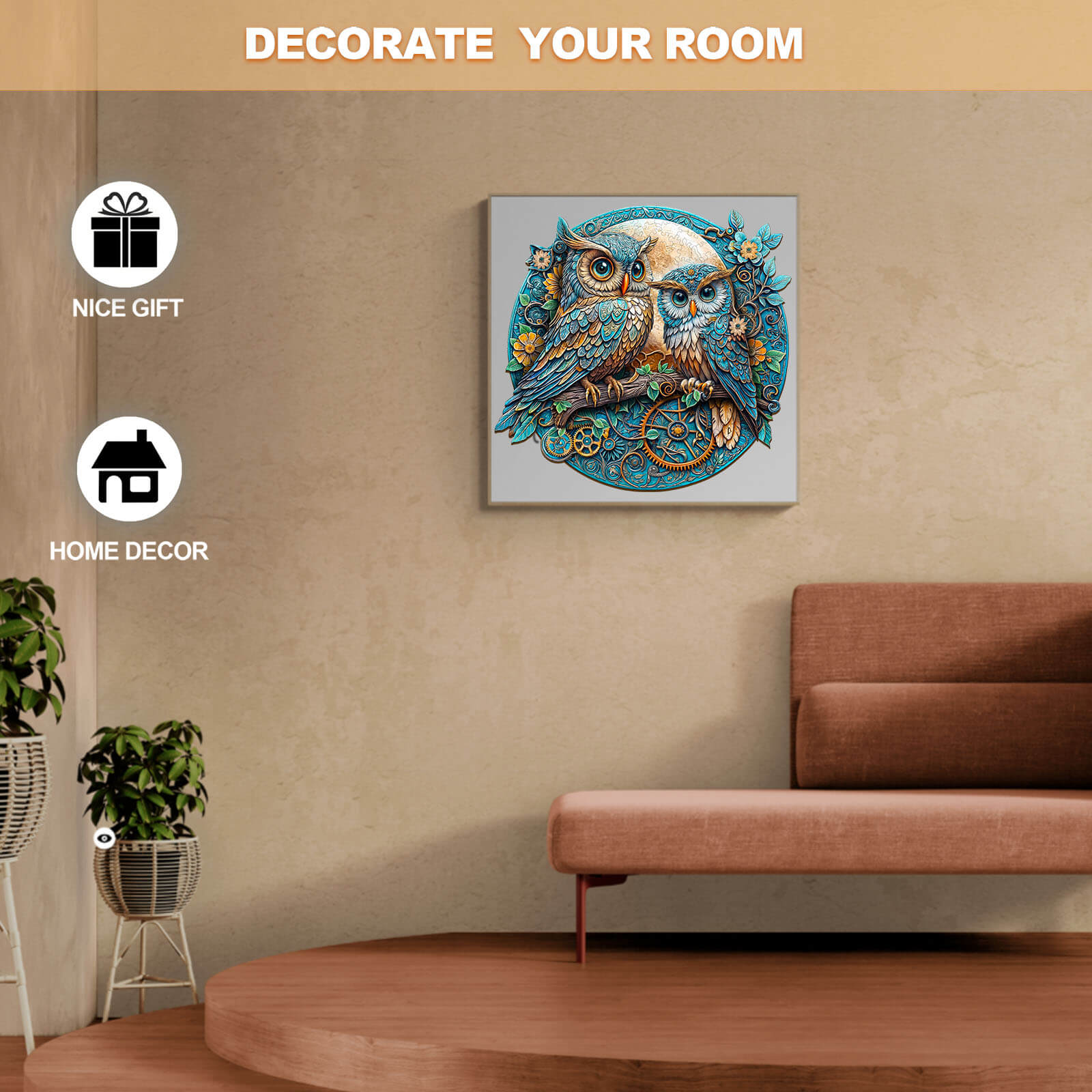 Colorful embossed owl artwork on wall, ideal for home decor and gifts, enhancing your room's aesthetic.