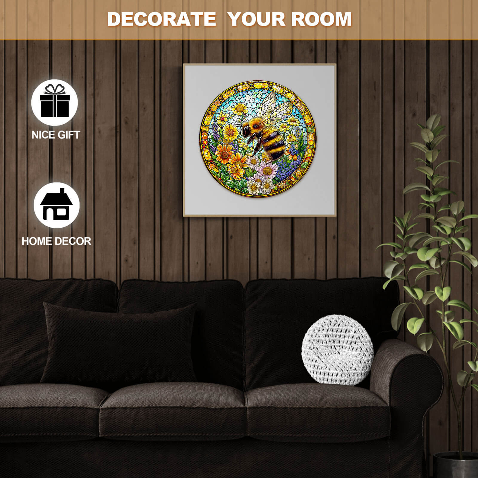 Colorful bee-themed wall art in a modern living room, perfect for home decor and gifting.