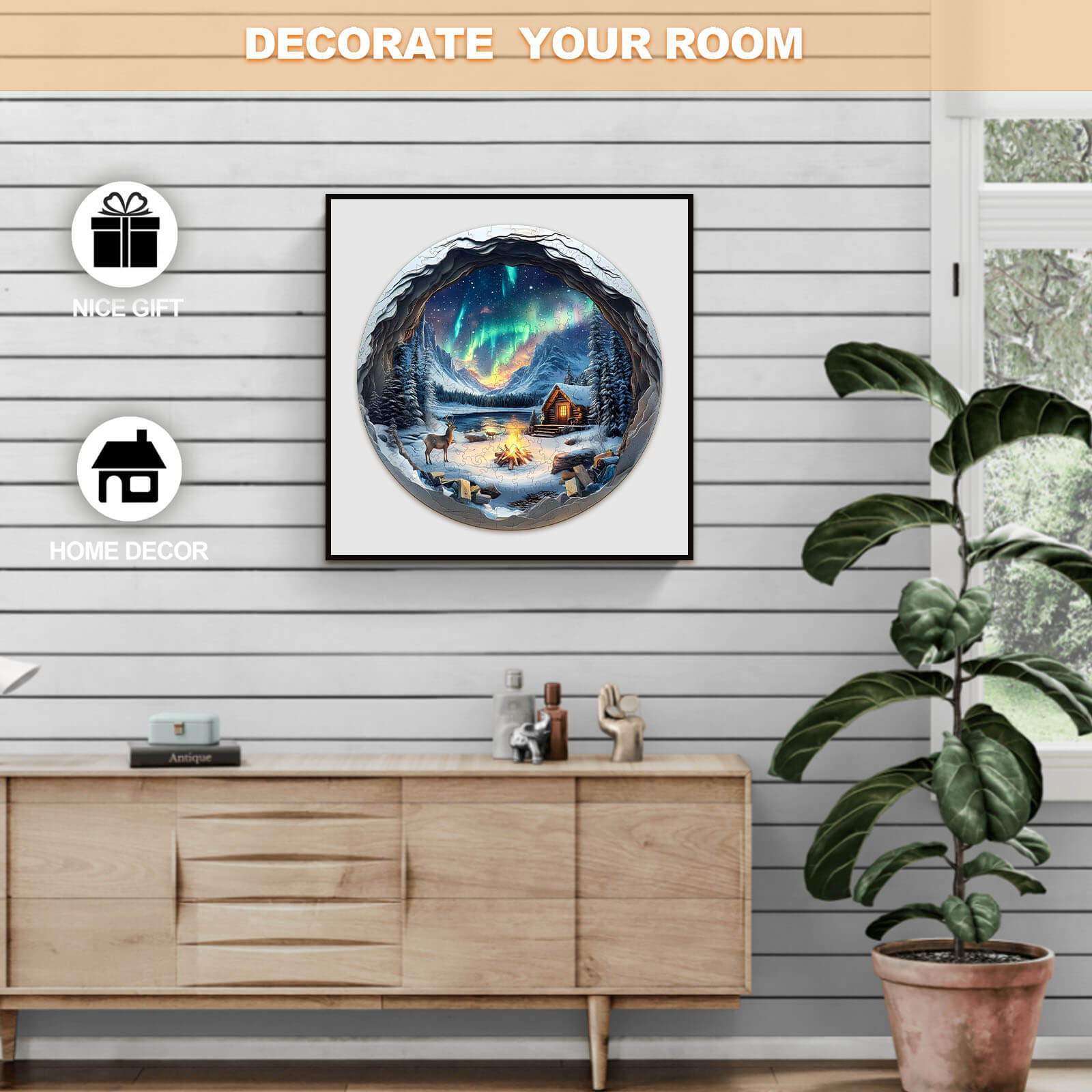 3D Aurora World wooden jigsaw puzzle displayed as home decor art featuring the Northern Lights.
