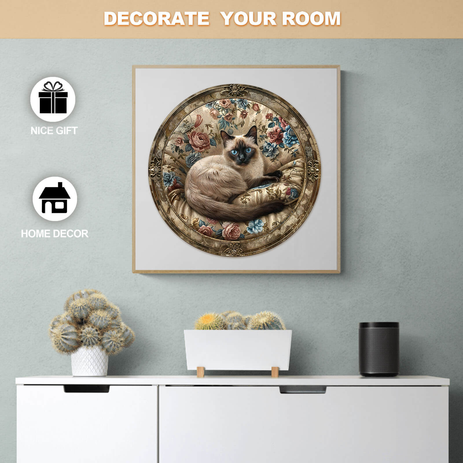 Decorative Vintage Siamese cat wall art in a floral frame, ideal for home decor and a thoughtful gift.