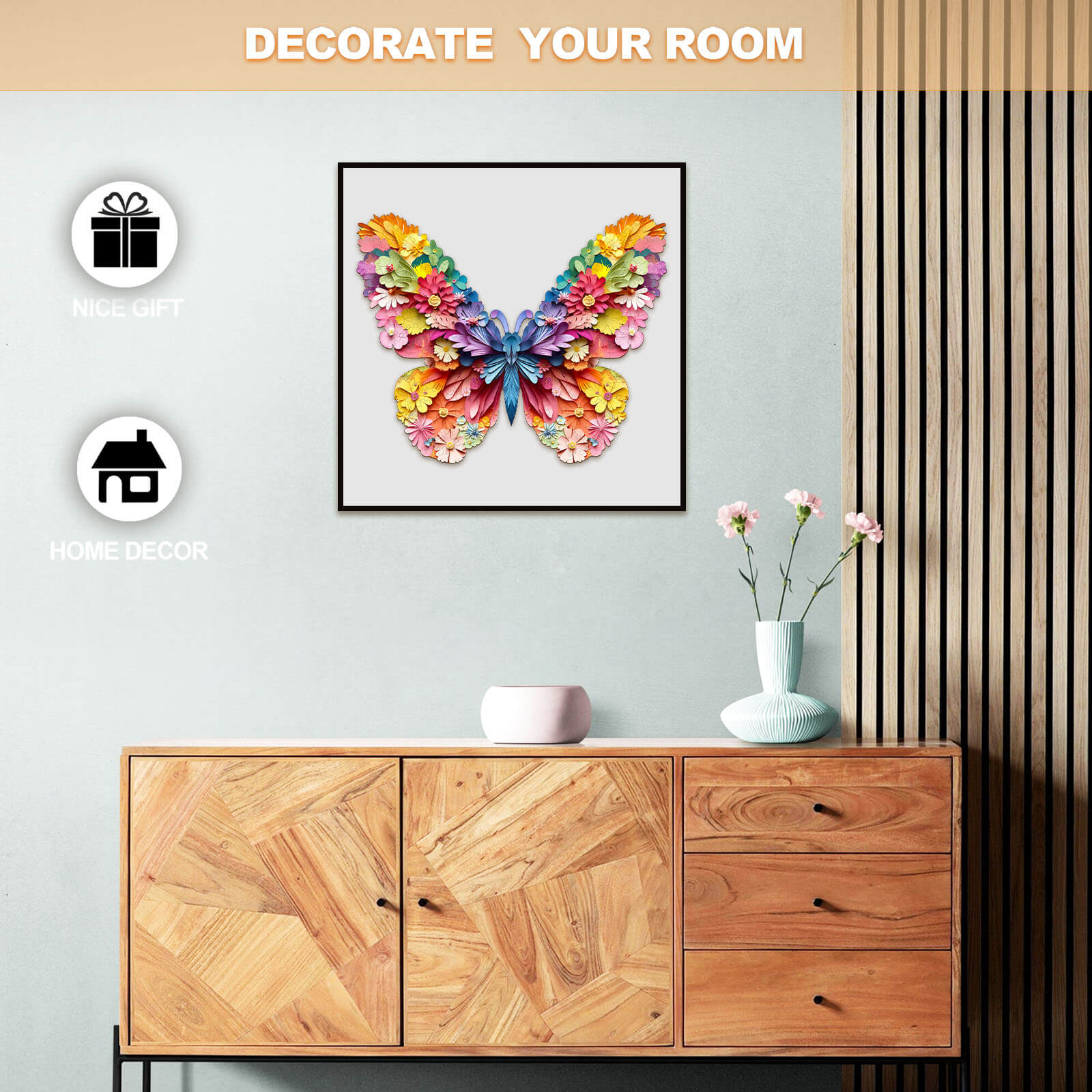 Colorful butterfly wall art displayed above wooden furniture, perfect for home decor or as a nice gift.