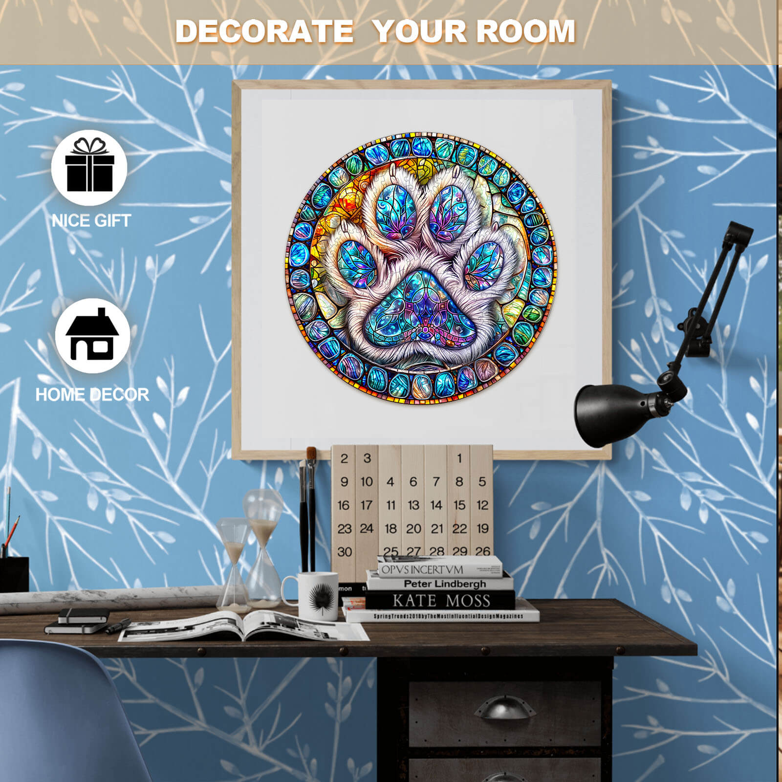 Colorful stained glass paw print artwork as a stylish home decor piece for room decoration and thoughtful gifting.