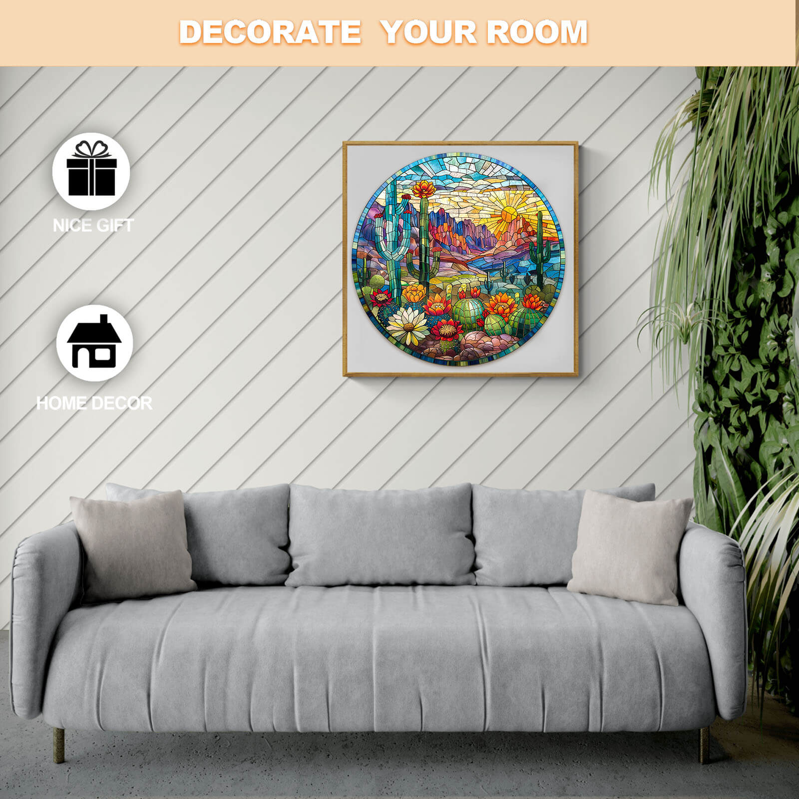 Stained Glass Cactus Wooden Jigsaw Puzzle displayed as home decor in a stylish living room setting.