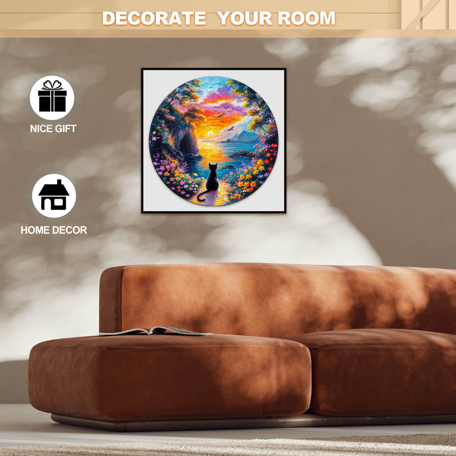Colorful Sunset Kitten Jigsaw Puzzle, perfect for home decor and a thoughtful gift, enhancing focus and mindfulness.