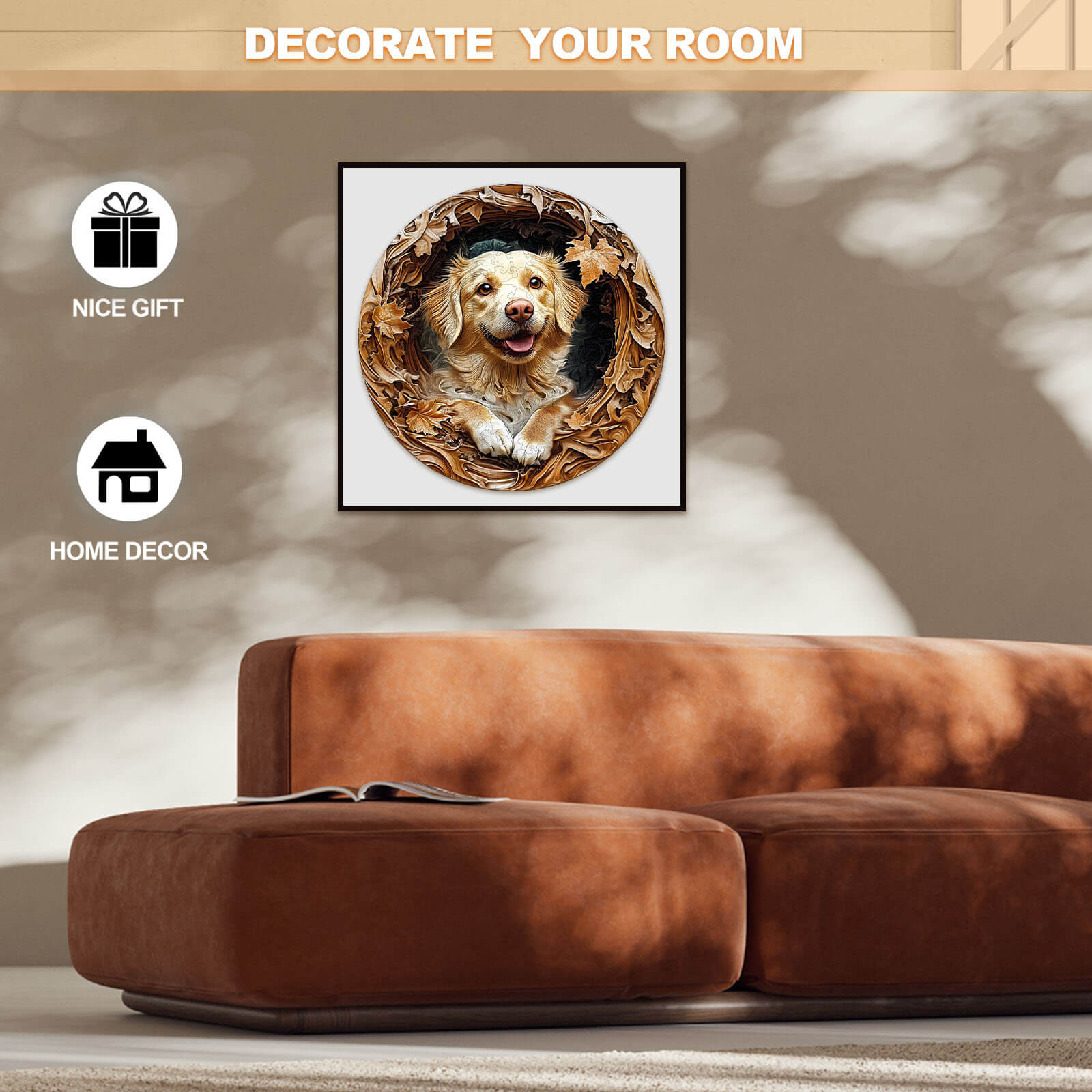 3D Golden Retriever wooden jigsaw puzzle showcasing home decor with playful design, perfect as a thoughtful gift.
