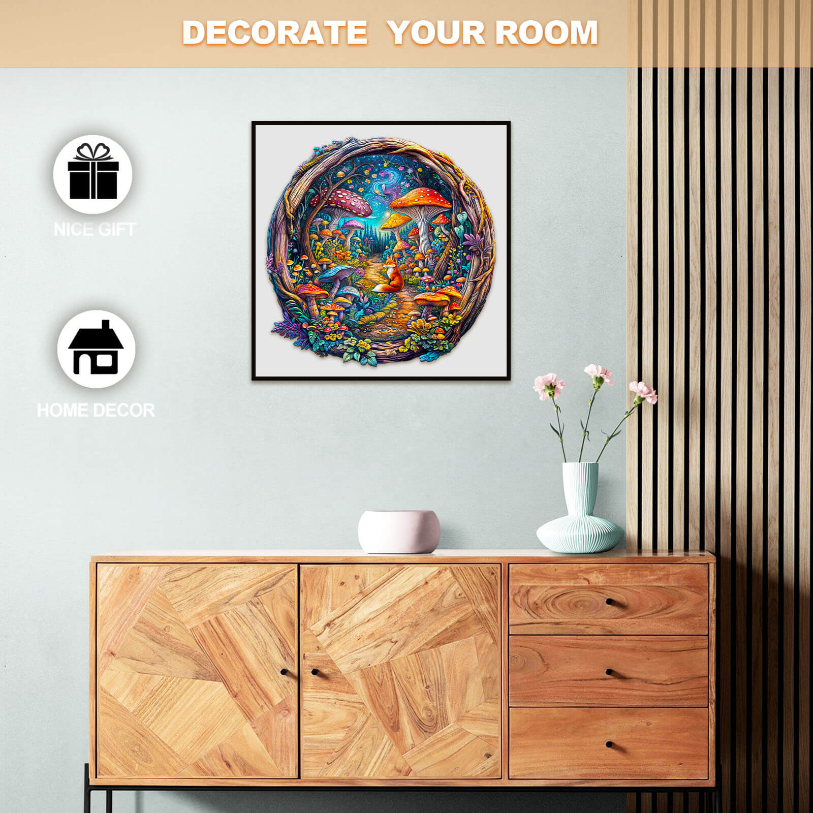 Colorful 3D Mushroom Forest wooden jigsaw puzzle art displayed in a modern room for home decor and gift ideas.