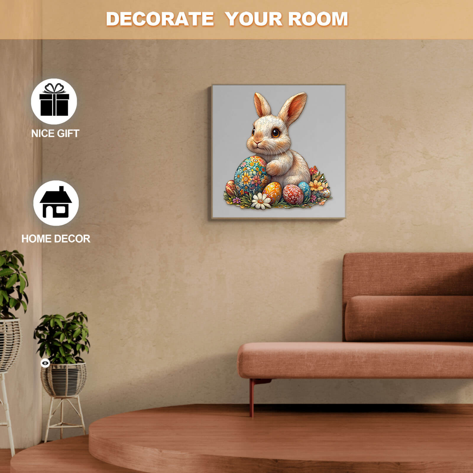 Charming 3D Easter bunny jigsaw puzzle featuring colorful eggs and flowers, perfect for spring home decor.