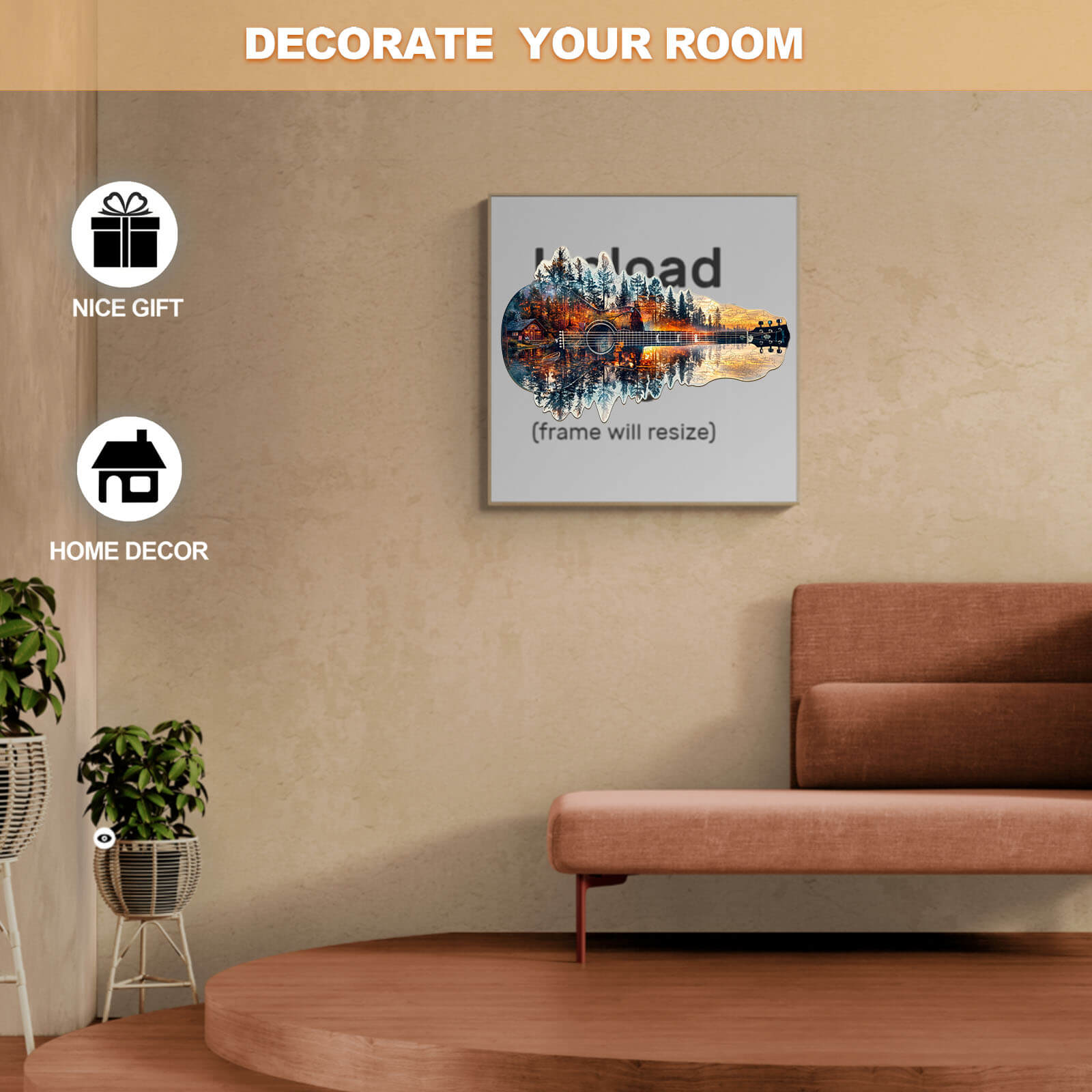 Sunset guitar wooden jigsaw puzzle displayed as home decor, ideal for gifts and enhancing room aesthetics.