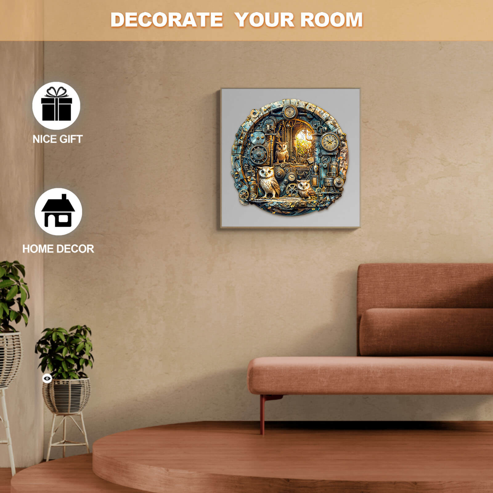 Steampunk Owl wooden jigsaw puzzle for home decor, perfect for gifts and enhancing room aesthetics.