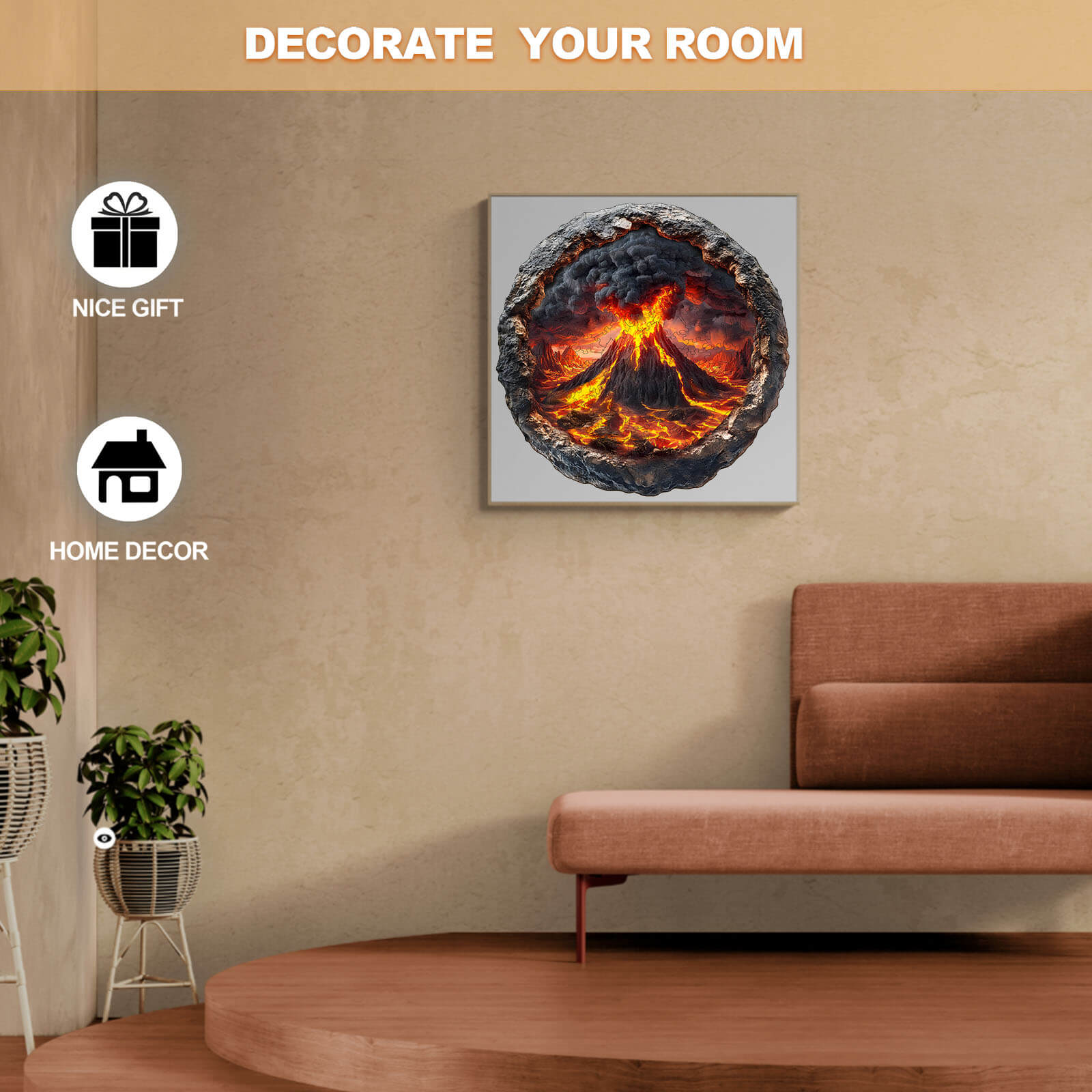 3D Volcanic Eruption wooden jigsaw puzzle displayed in a modern room, enhancing home decor and focus.